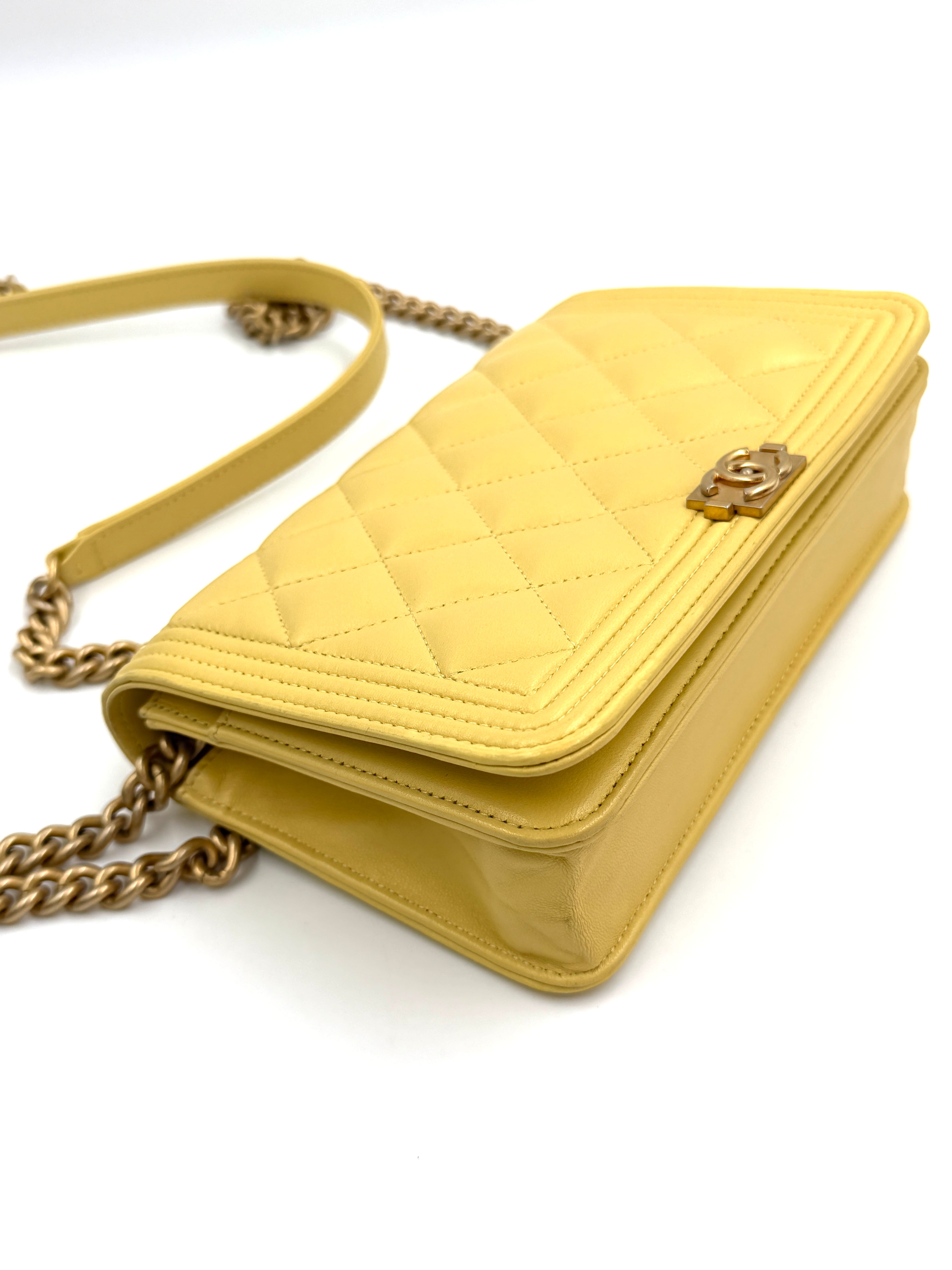 Pre-Owned Chanel Yellow Lambskin Wallet on Chain Gold Hardware S/S 2017 - Authenticated