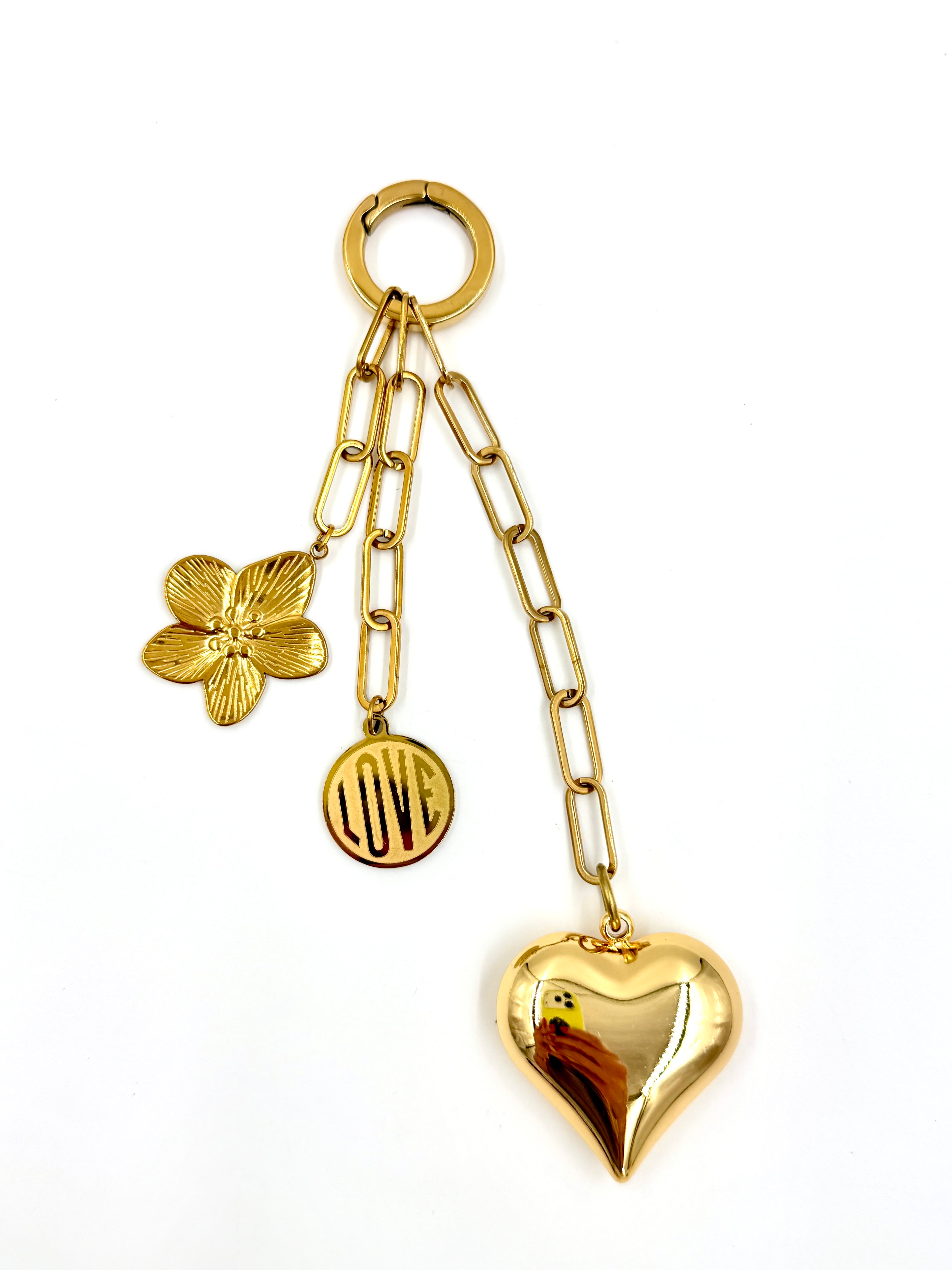 Hawley Studio Bag Charm with Puffy Heart, Love, and Flower - Gold Tone