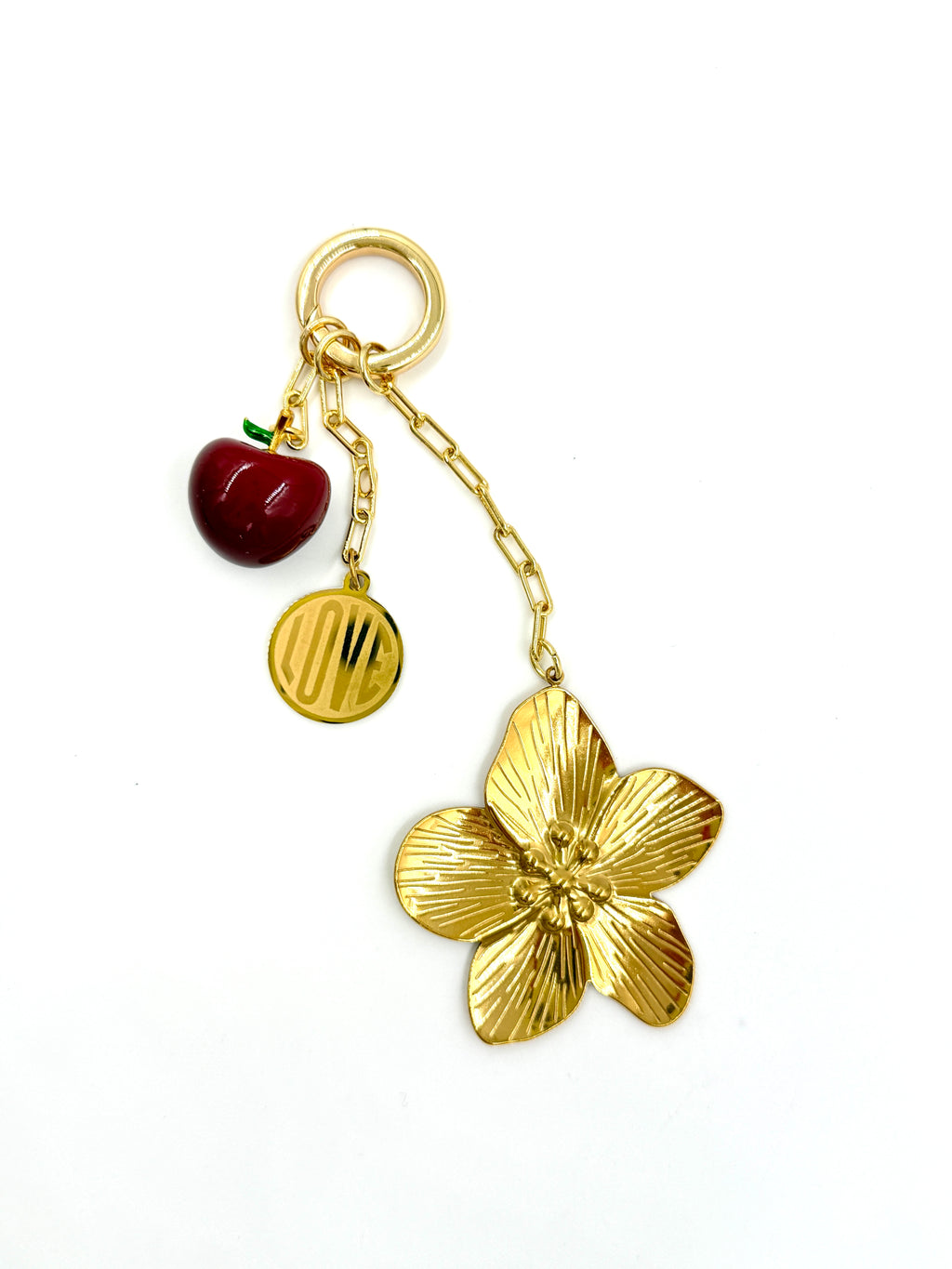 Hawley Studio Bag Charm with Flower, Love, and Cherry - Gold Tone