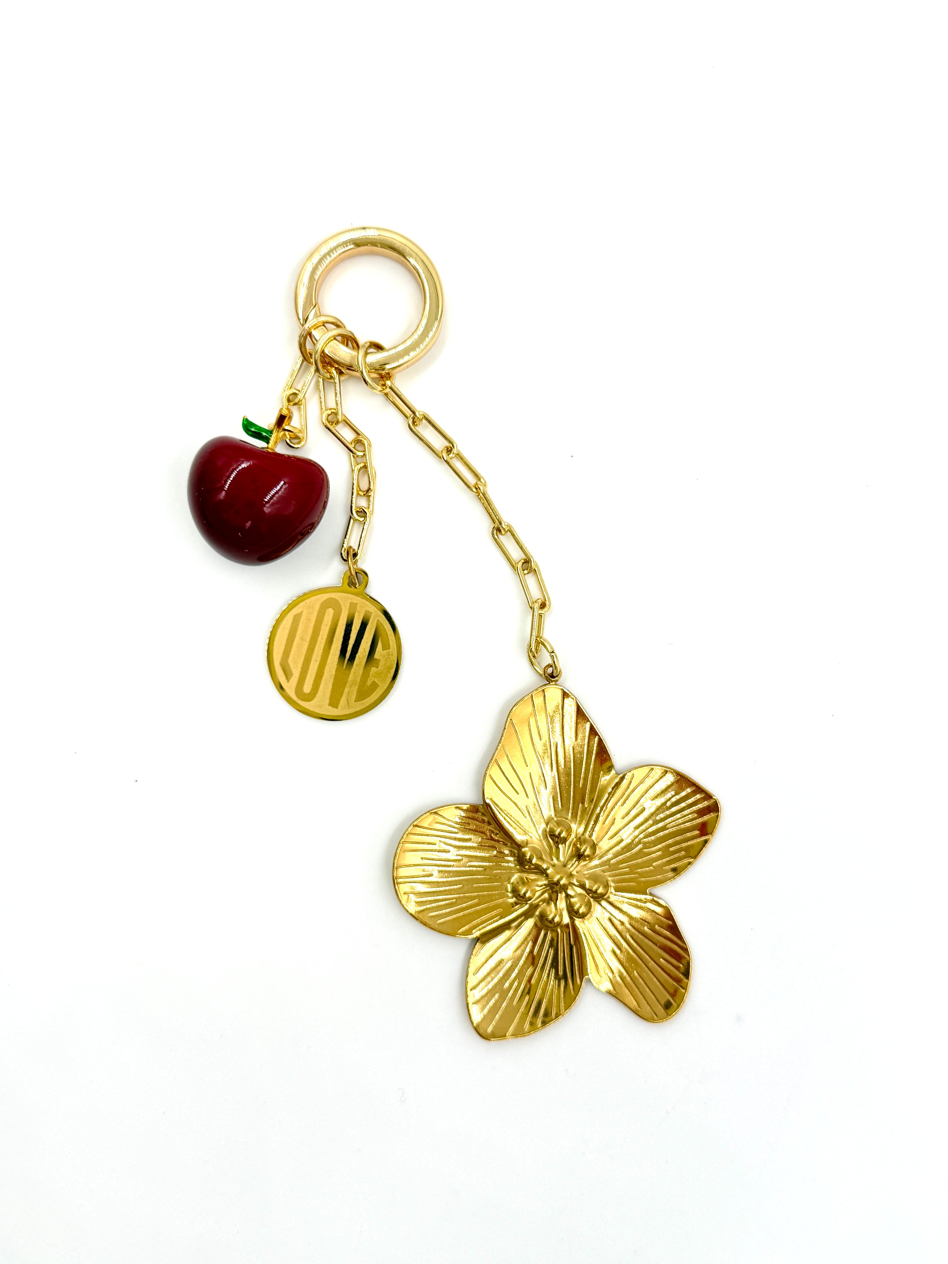 Hawley Studio Bag Charm with Flower, Love, and Cherry - Gold Tone