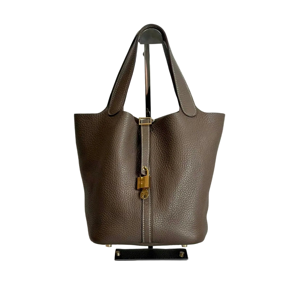 Pre-owned Hermès Picotin 22 Etoupe Taurillon Clemence Leather with Gold Hardware - Authenticated