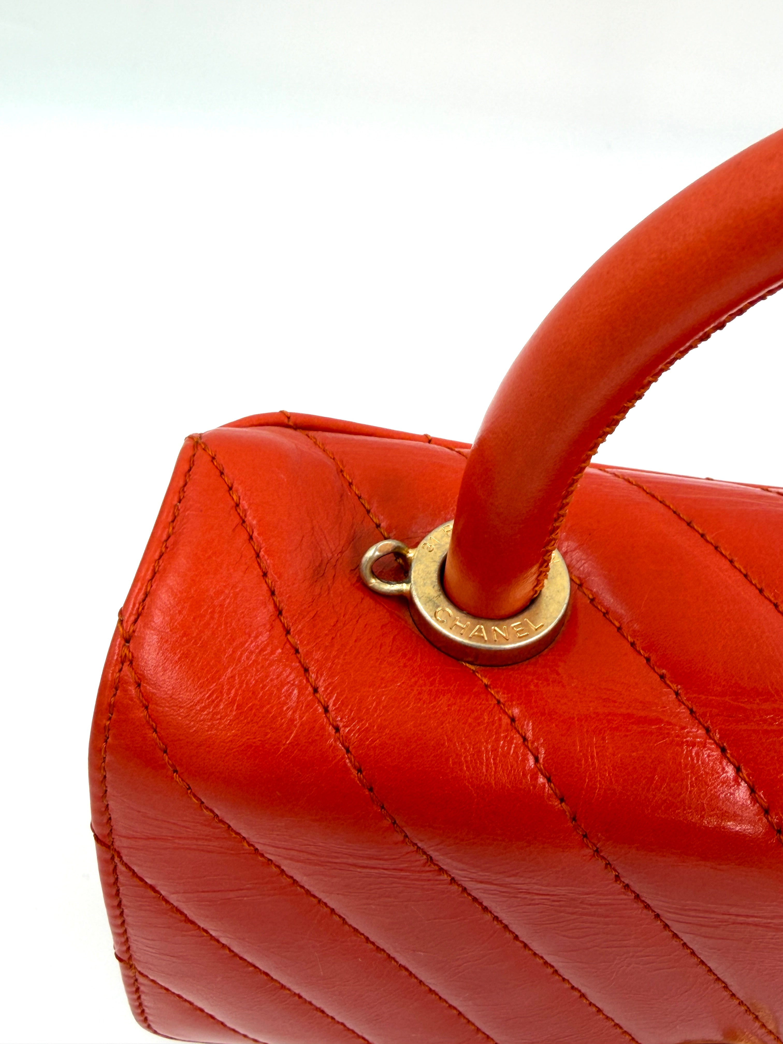 Pre-owned Chanel Orange Chevron Mini Coco Handle Bag Gold Hardware - Authenticated