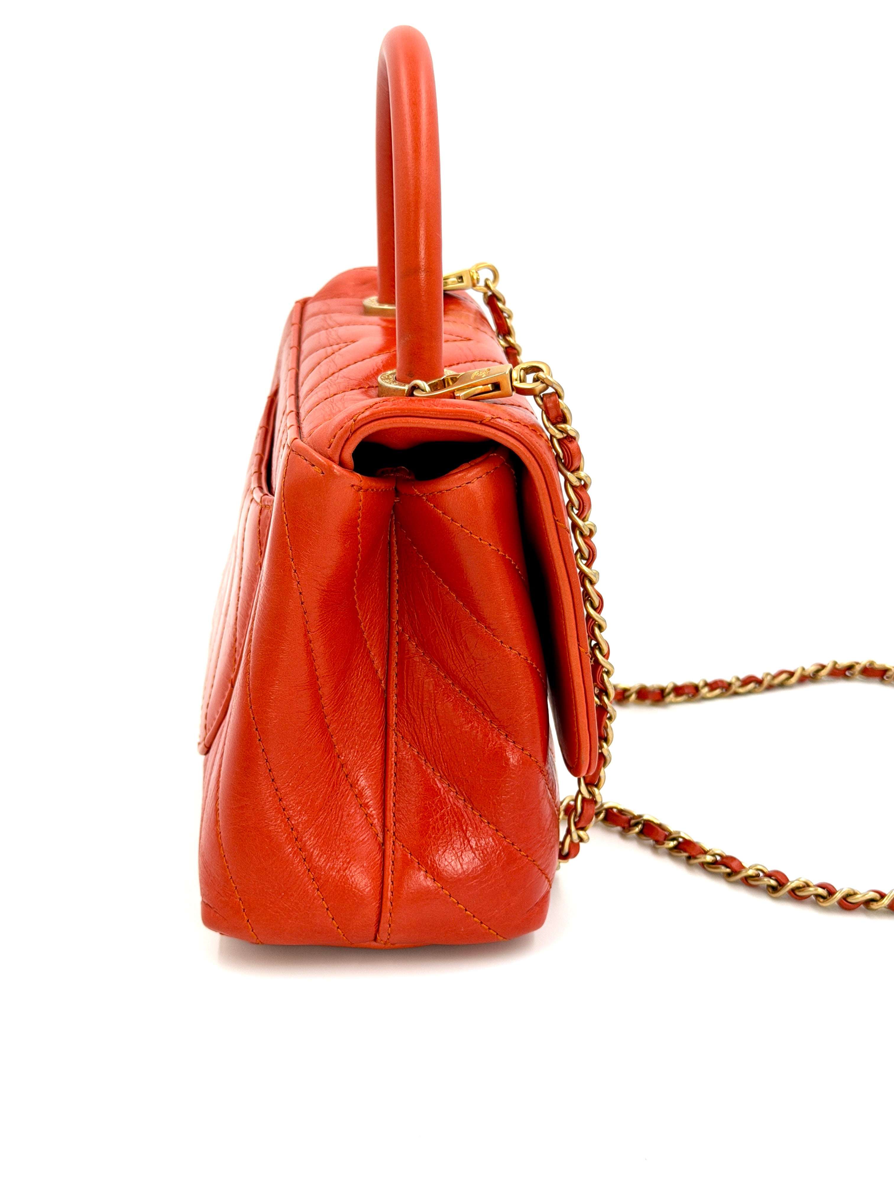 Pre-owned Chanel Orange Chevron Mini Coco Handle Bag Gold Hardware - Authenticated