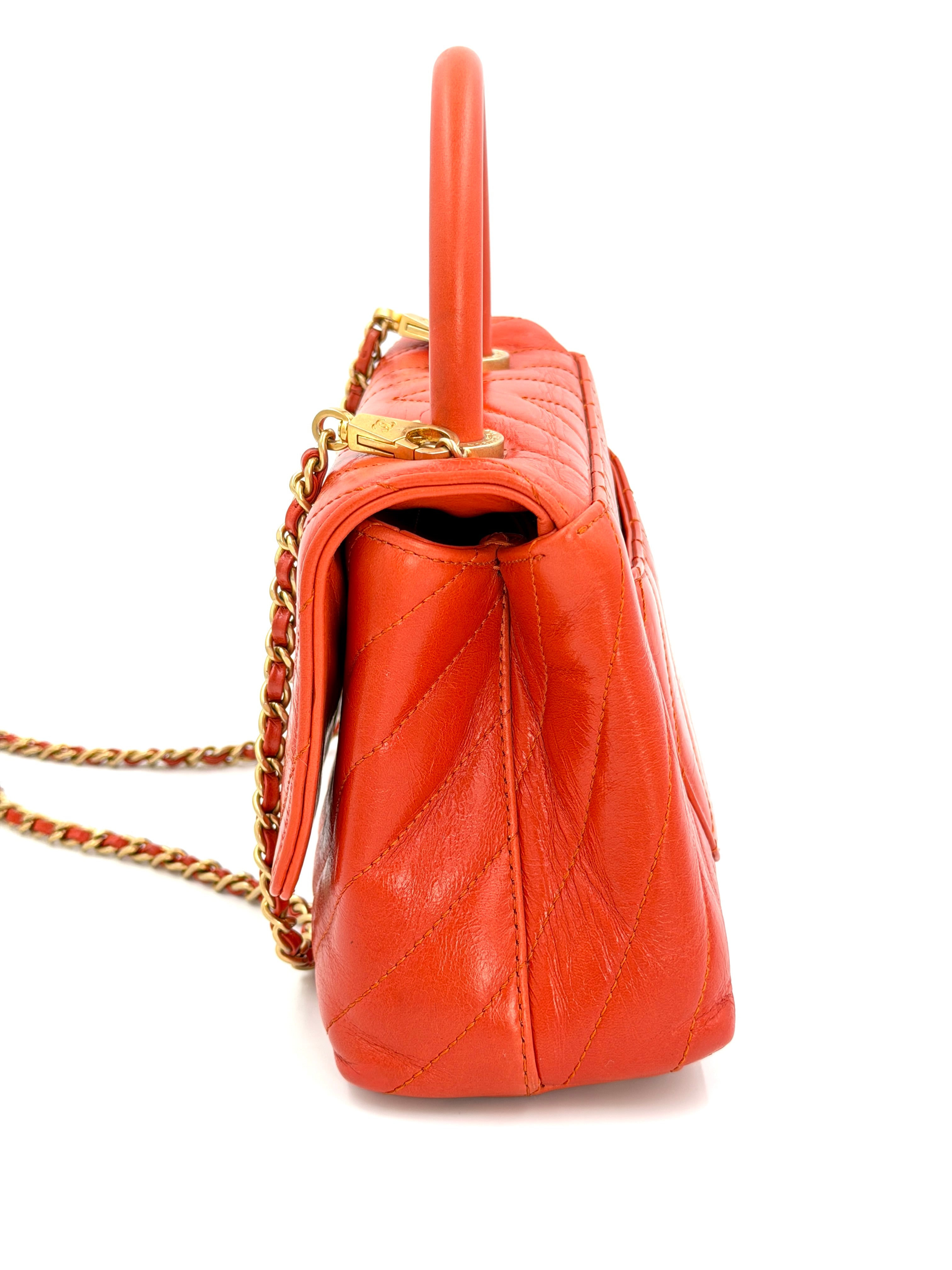 Pre-owned Chanel Orange Chevron Mini Coco Handle Bag Gold Hardware - Authenticated