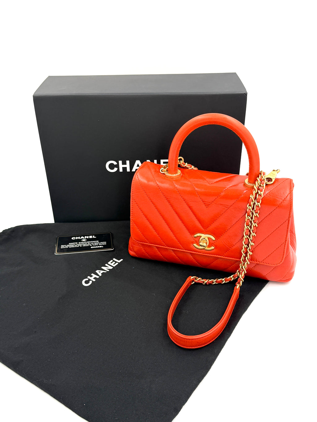 Pre-owned Chanel Orange Chevron Mini Coco Handle Bag Gold Hardware - Authenticated