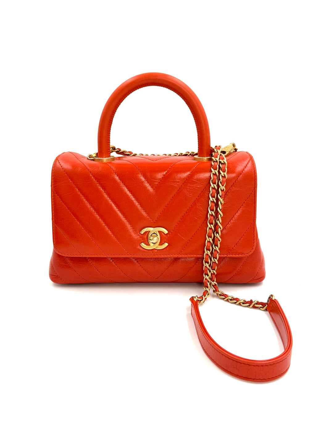 Pre-owned Chanel Orange Chevron Mini Coco Handle Bag Gold Hardware - Authenticated