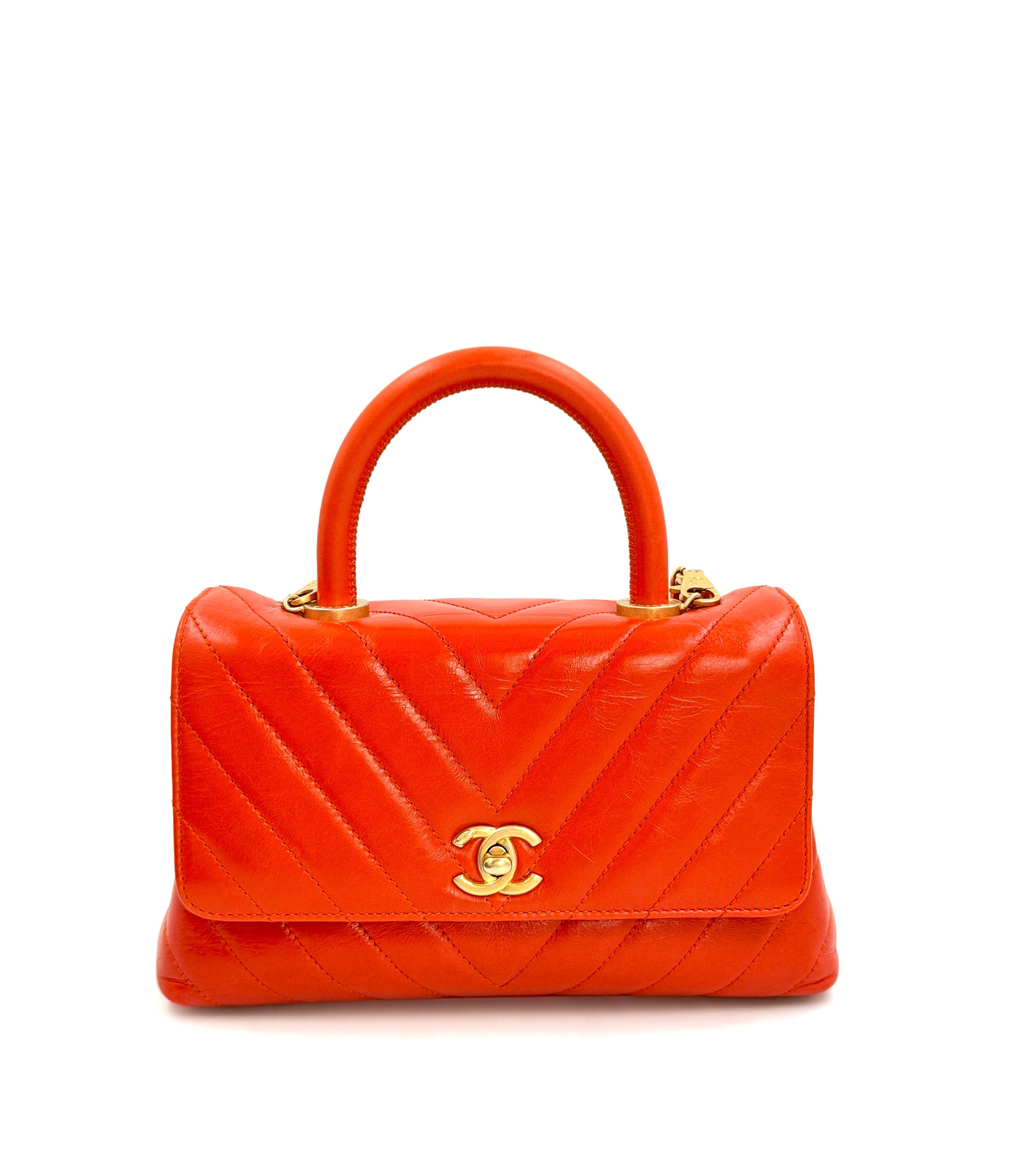 Pre-owned Chanel Orange Chevron Mini Coco Handle Bag Gold Hardware - Authenticated