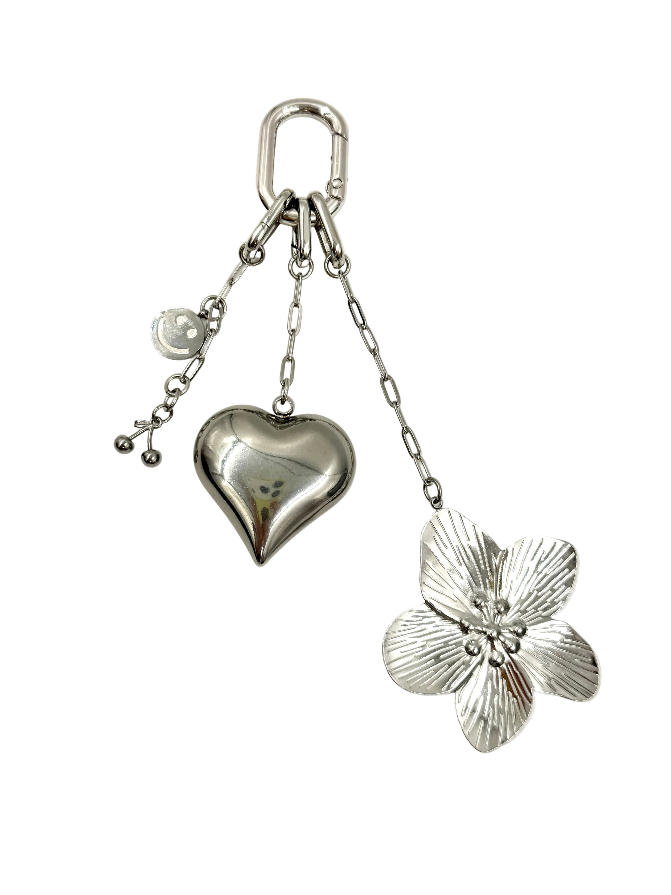 Hawley Studio Bag Charm Silver Tone with Puffy Heart, Flower, Cherries, and Smiley Face