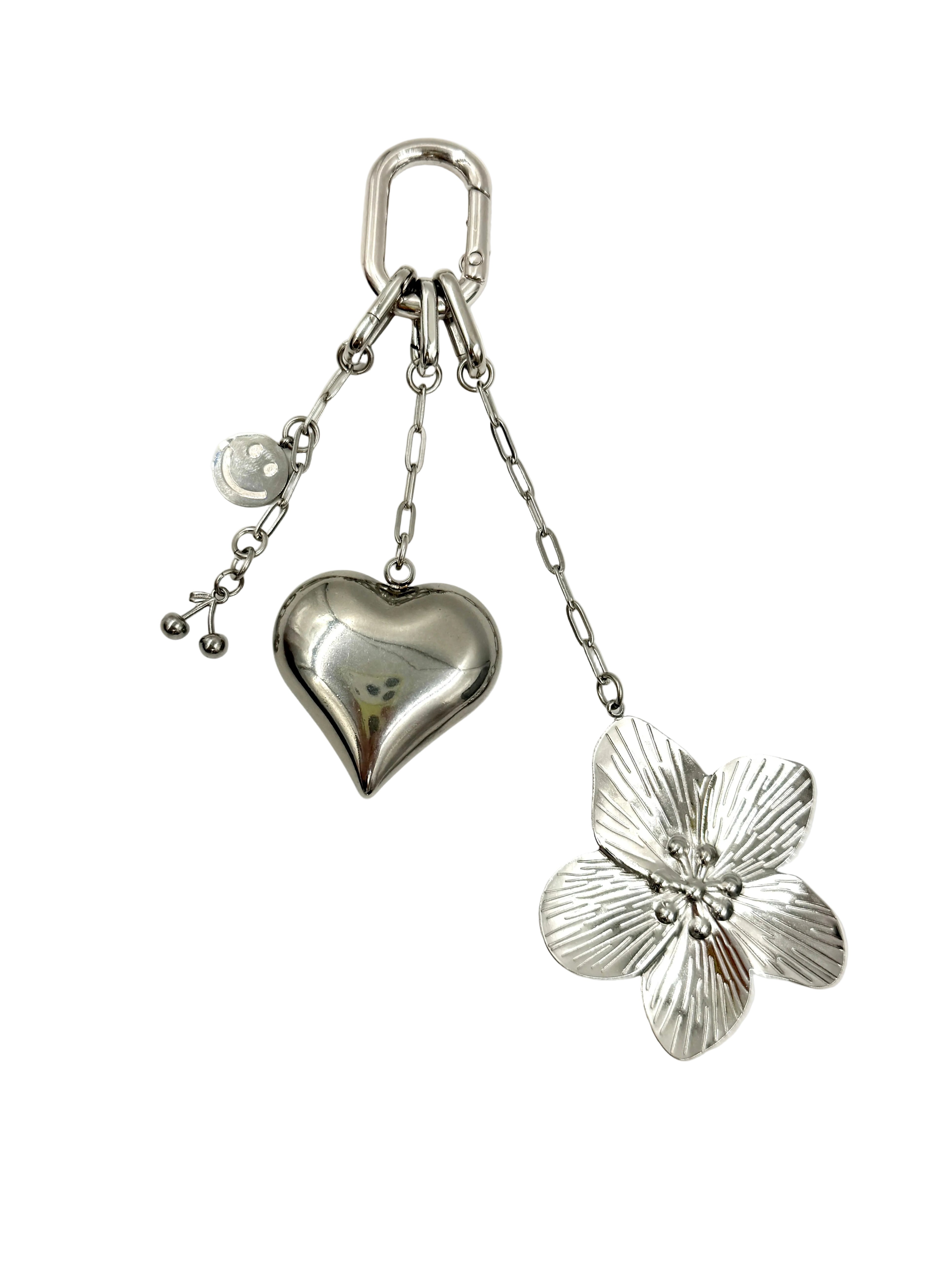Hawley Studio Bag Charm Silver Tone with Puffy Heart, Flower, Cherries, and Smiley Face