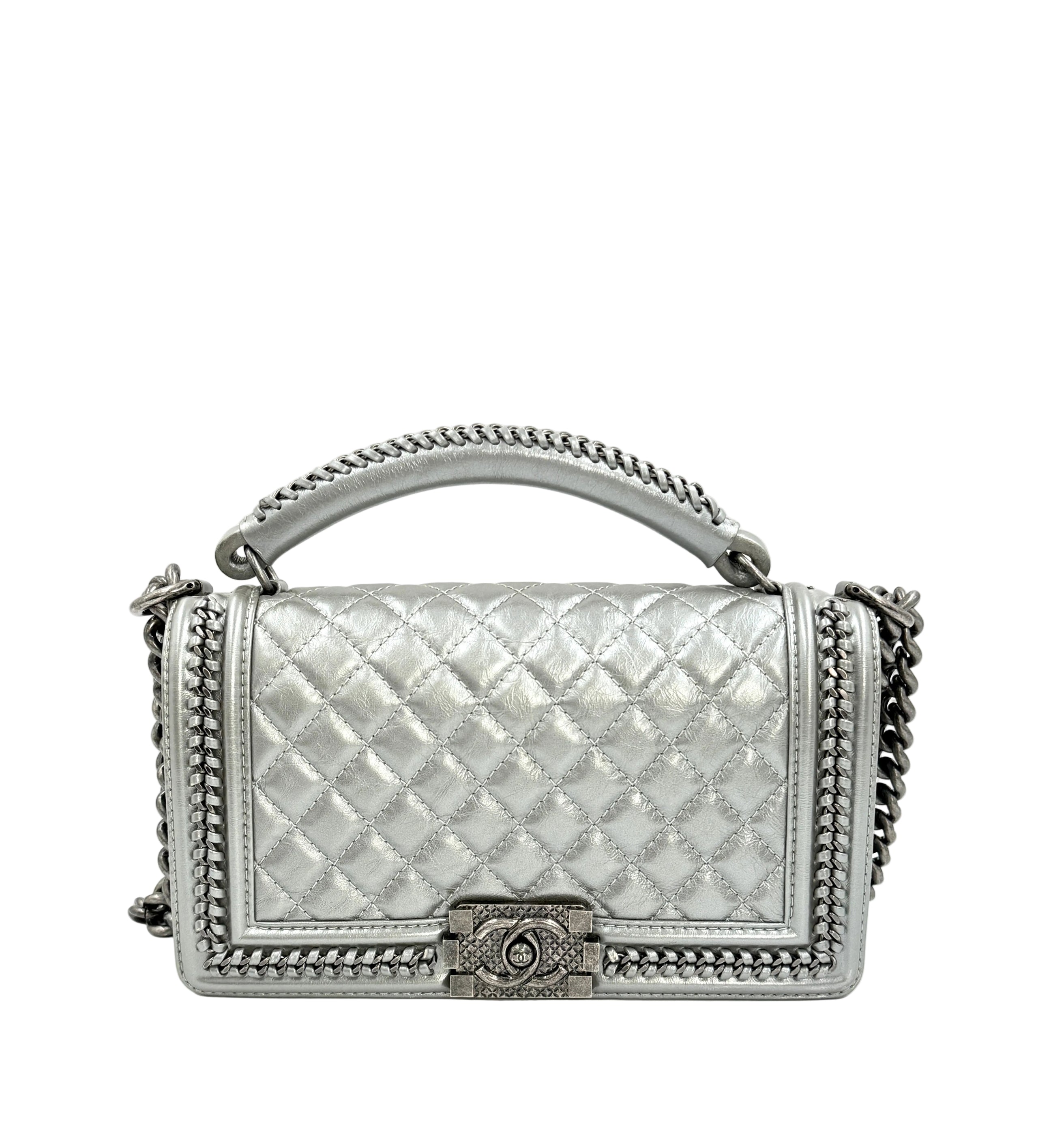 Pre-owned Chanel Calfskin Silver Medium Chain Around Top Handle Boy Bag - Authenticated