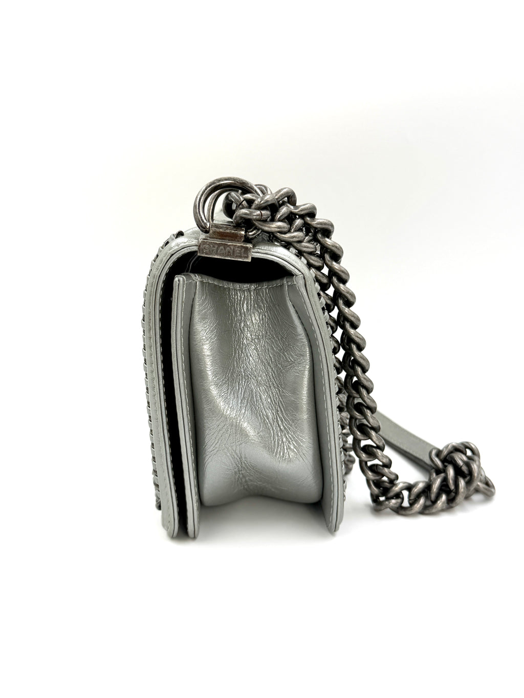 Pre-owned Chanel Calfskin Silver Medium Chain Around Top Handle Boy Bag - Authenticated