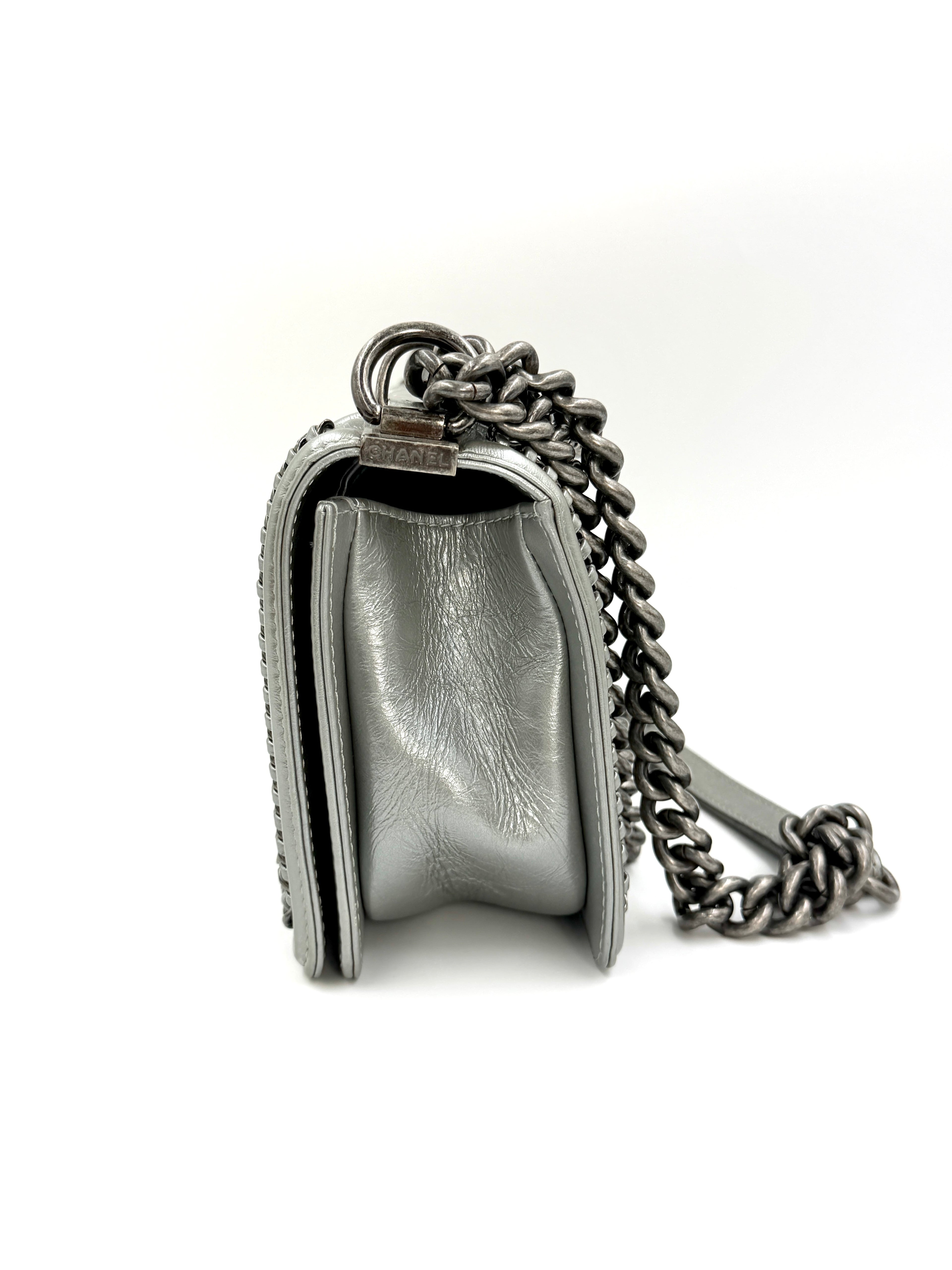 Pre-owned Chanel Calfskin Silver Medium Chain Around Top Handle Boy Bag - Authenticated