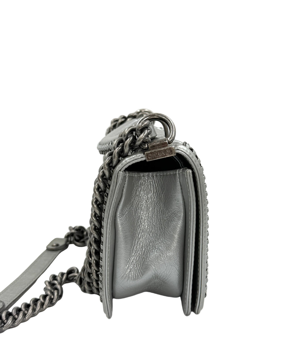 Pre-owned Chanel Calfskin Silver Medium Chain Around Top Handle Boy Bag - Authenticated