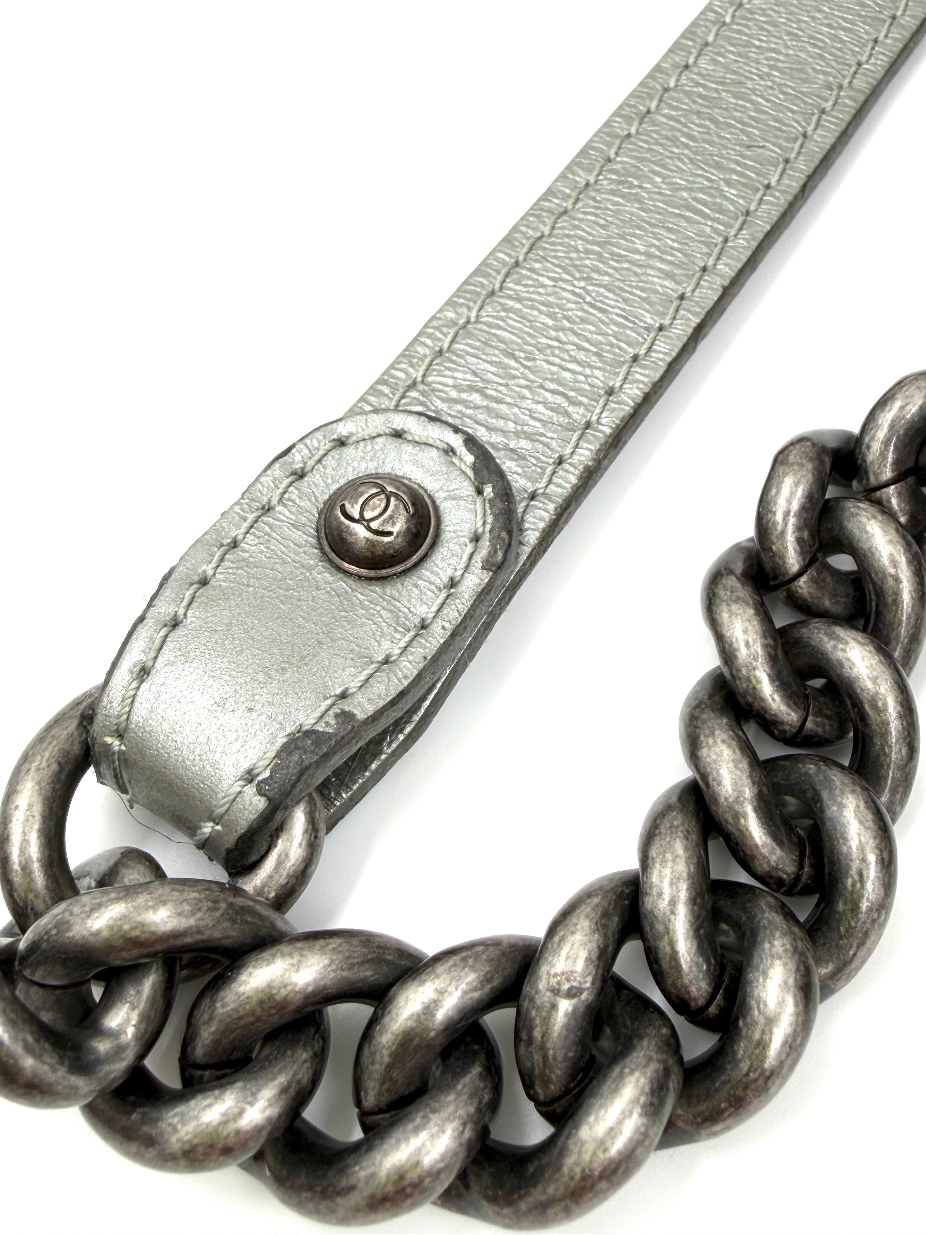 Pre-owned Chanel Calfskin Silver Medium Chain Around Top Handle Boy Bag - Authenticated