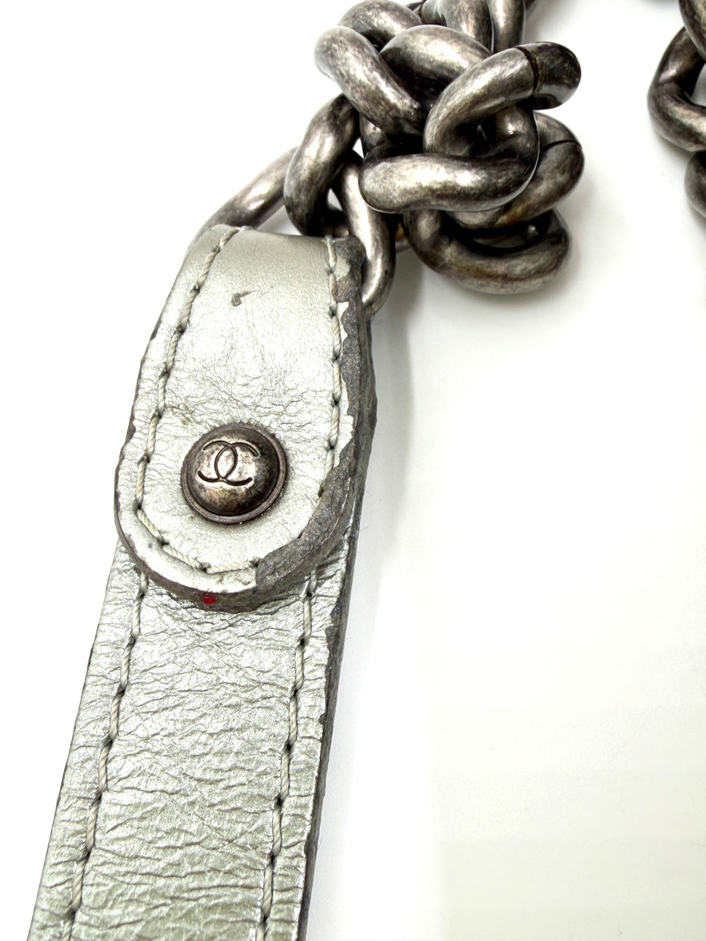 Pre-owned Chanel Calfskin Silver Medium Chain Around Top Handle Boy Bag - Authenticated