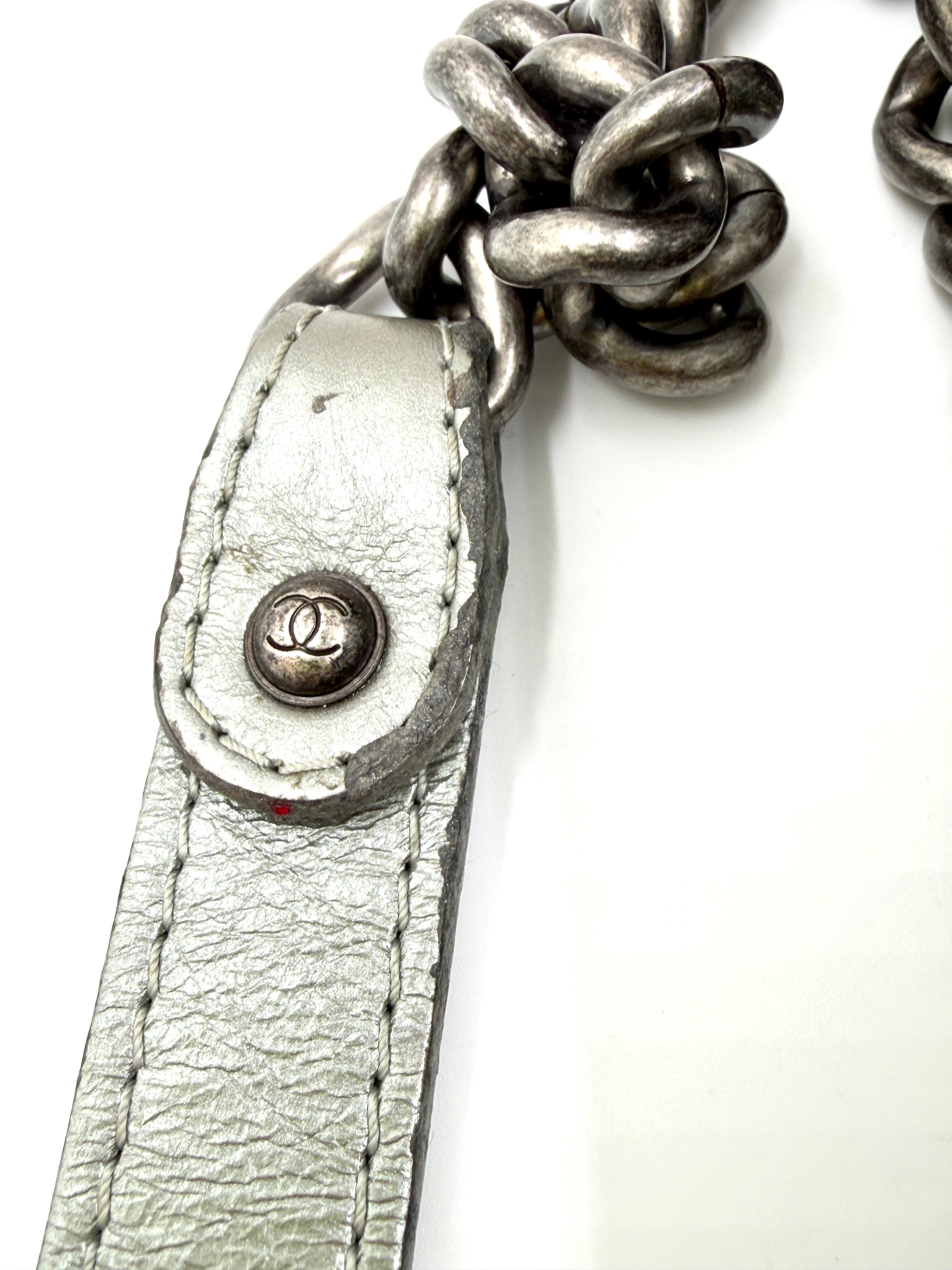 Pre-owned Chanel Calfskin Silver Medium Chain Around Top Handle Boy Bag - Authenticated