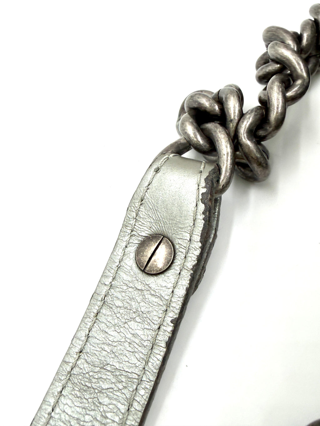 Pre-owned Chanel Calfskin Silver Medium Chain Around Top Handle Boy Bag - Authenticated