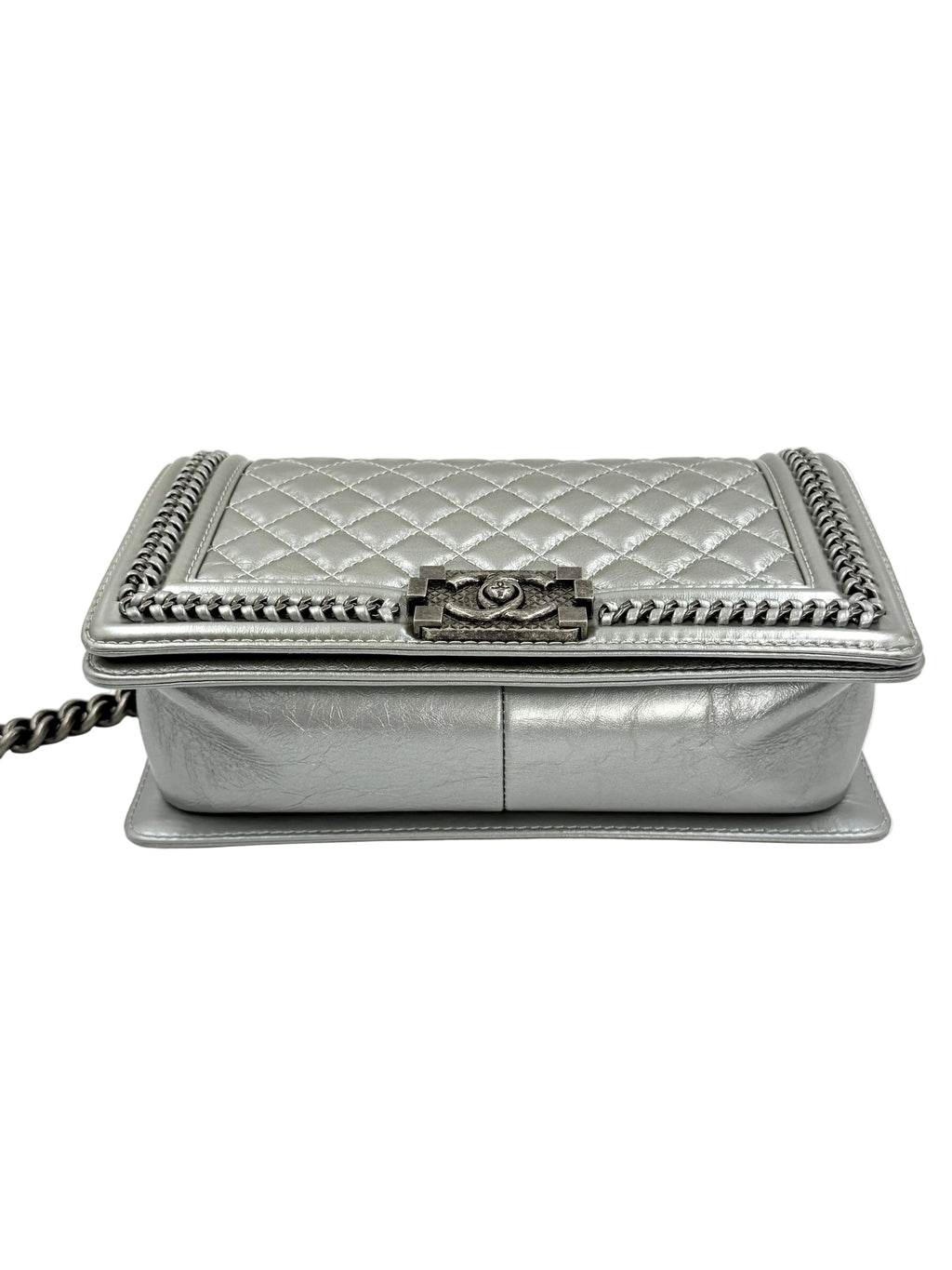 Pre-owned Chanel Calfskin Silver Medium Chain Around Top Handle Boy Bag - Authenticated