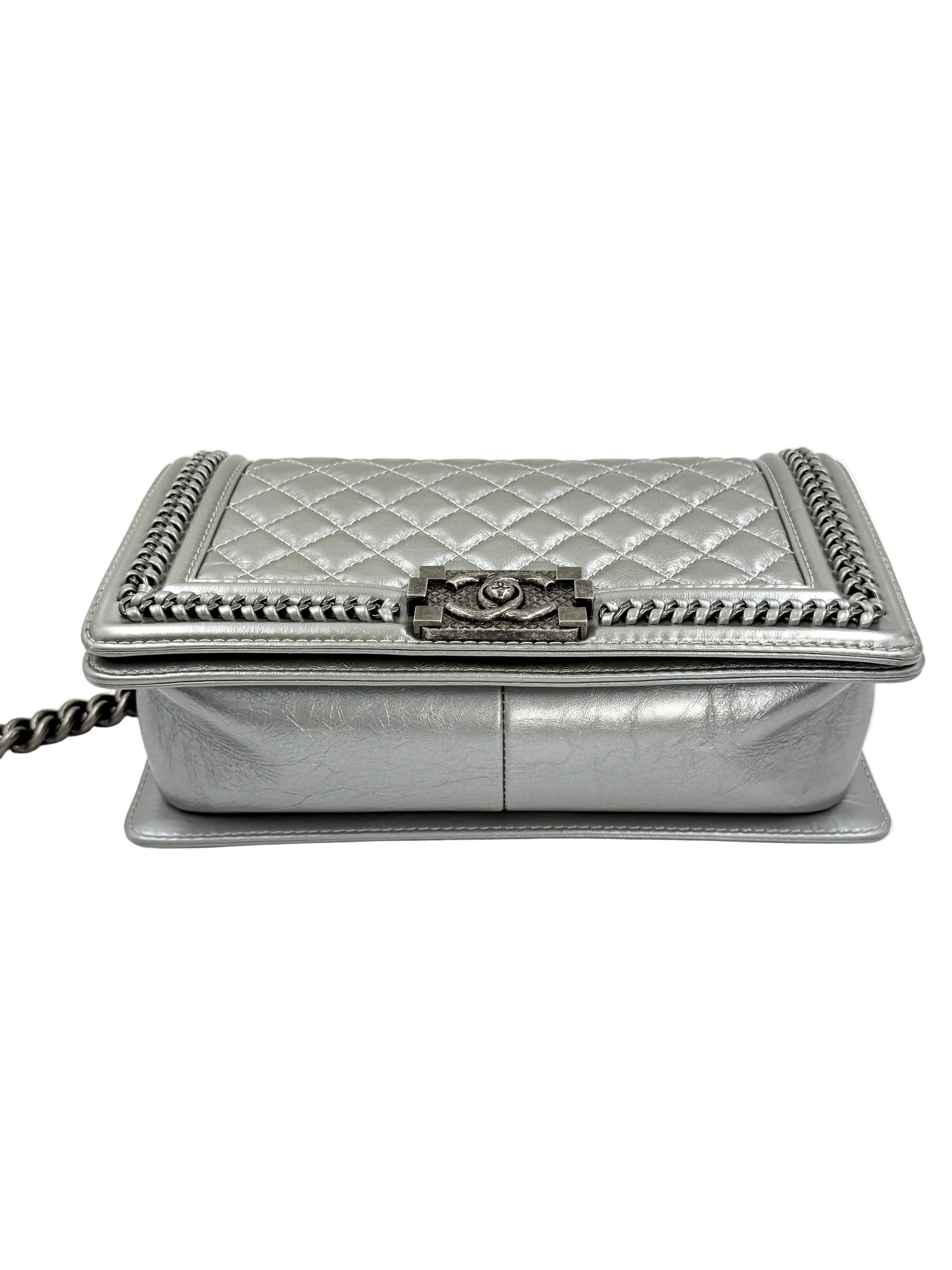 Pre-owned Chanel Calfskin Silver Medium Chain Around Top Handle Boy Bag - Authenticated