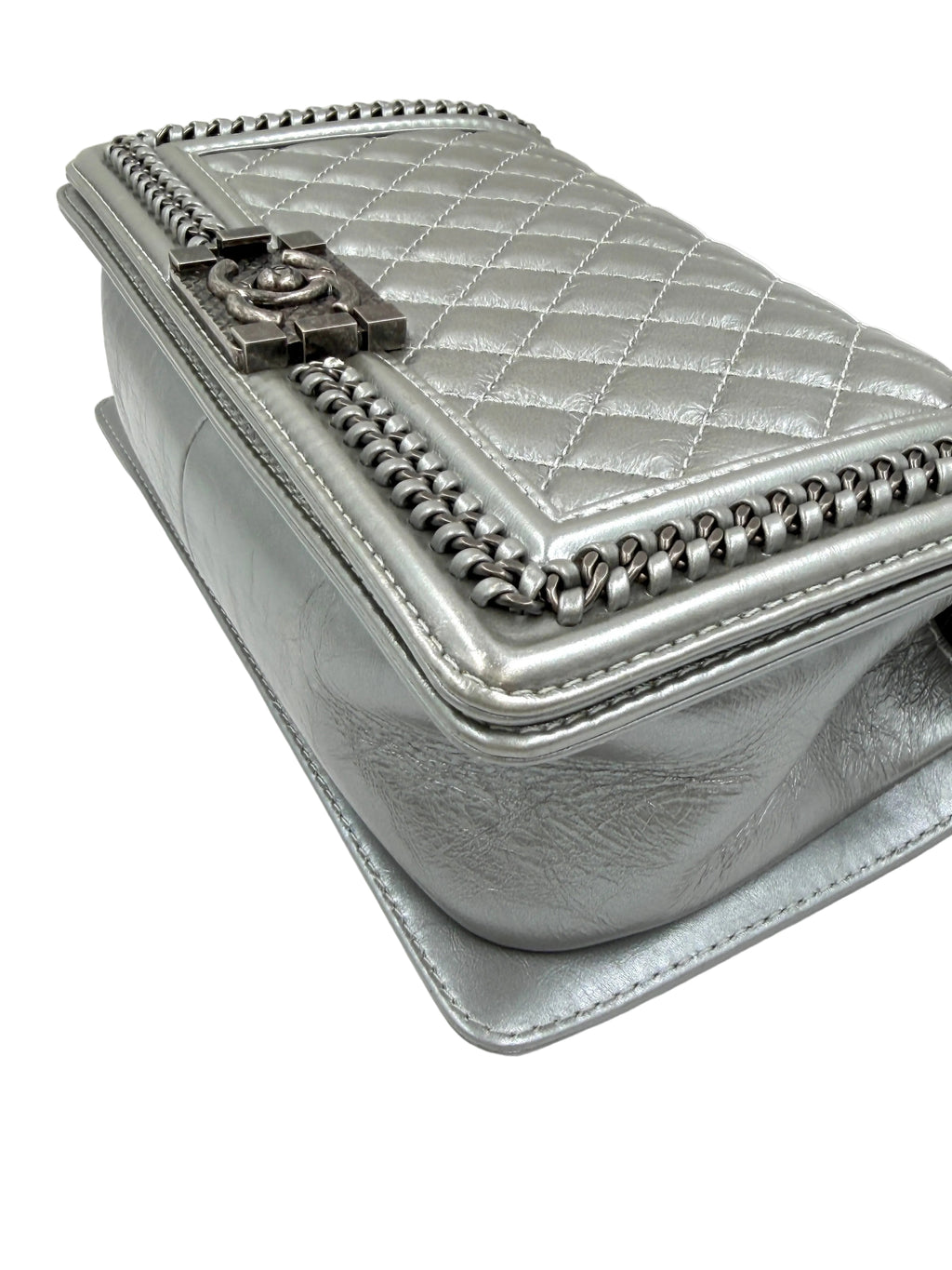 Pre-owned Chanel Calfskin Silver Medium Chain Around Top Handle Boy Bag - Authenticated