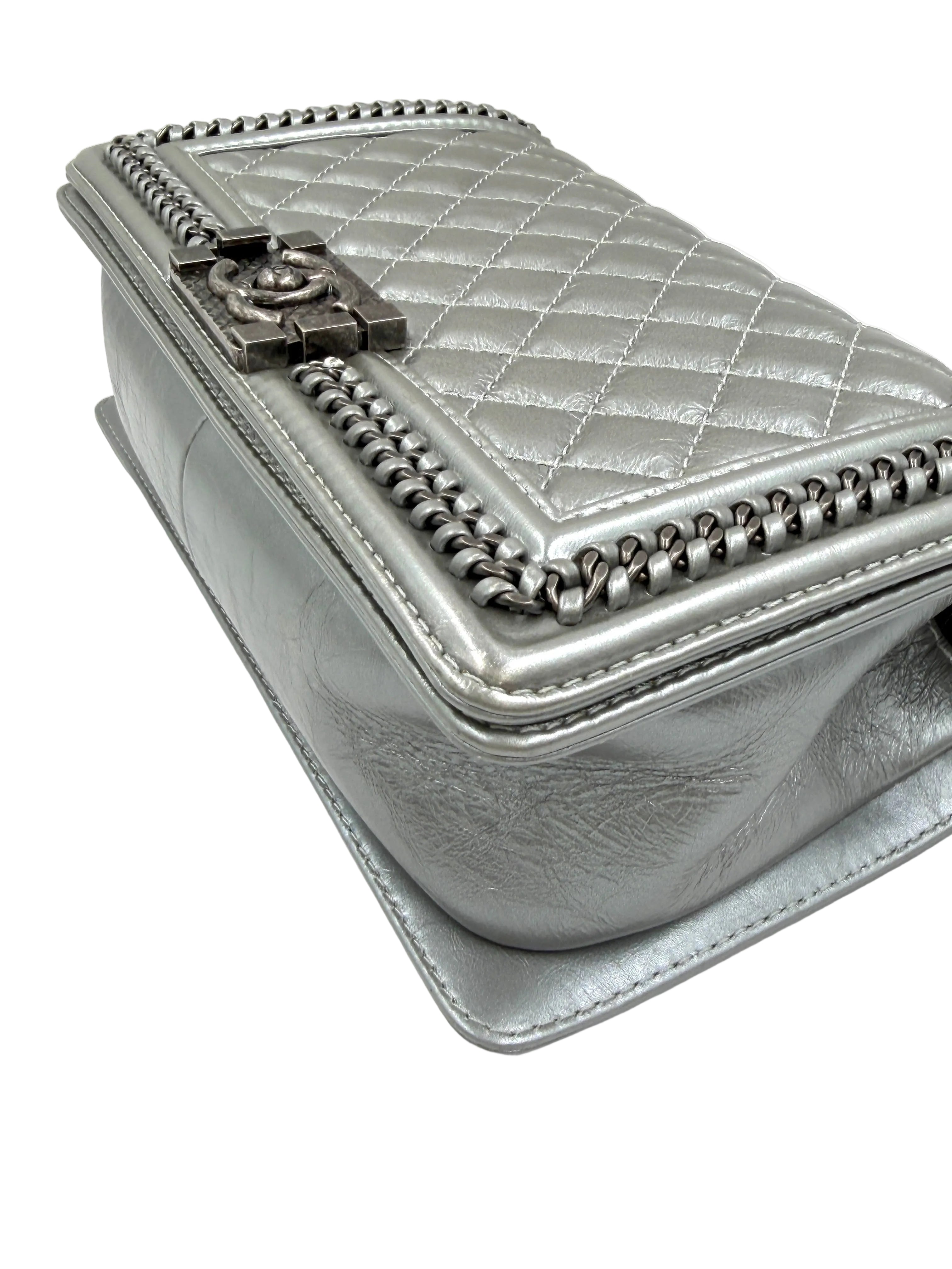 Pre-owned Chanel Calfskin Silver Medium Chain Around Top Handle Boy Bag - Authenticated