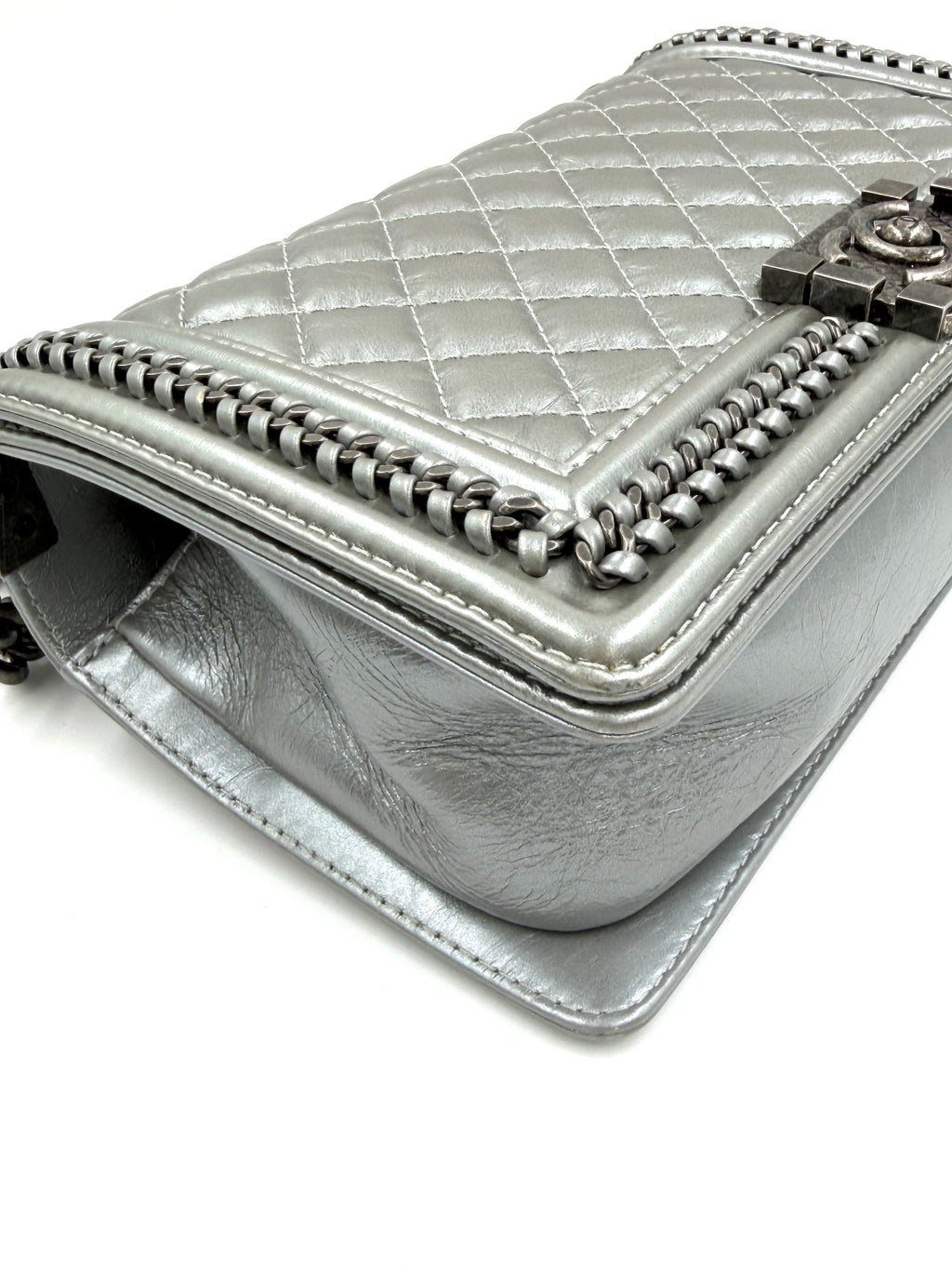 Pre-owned Chanel Calfskin Silver Medium Chain Around Top Handle Boy Bag - Authenticated