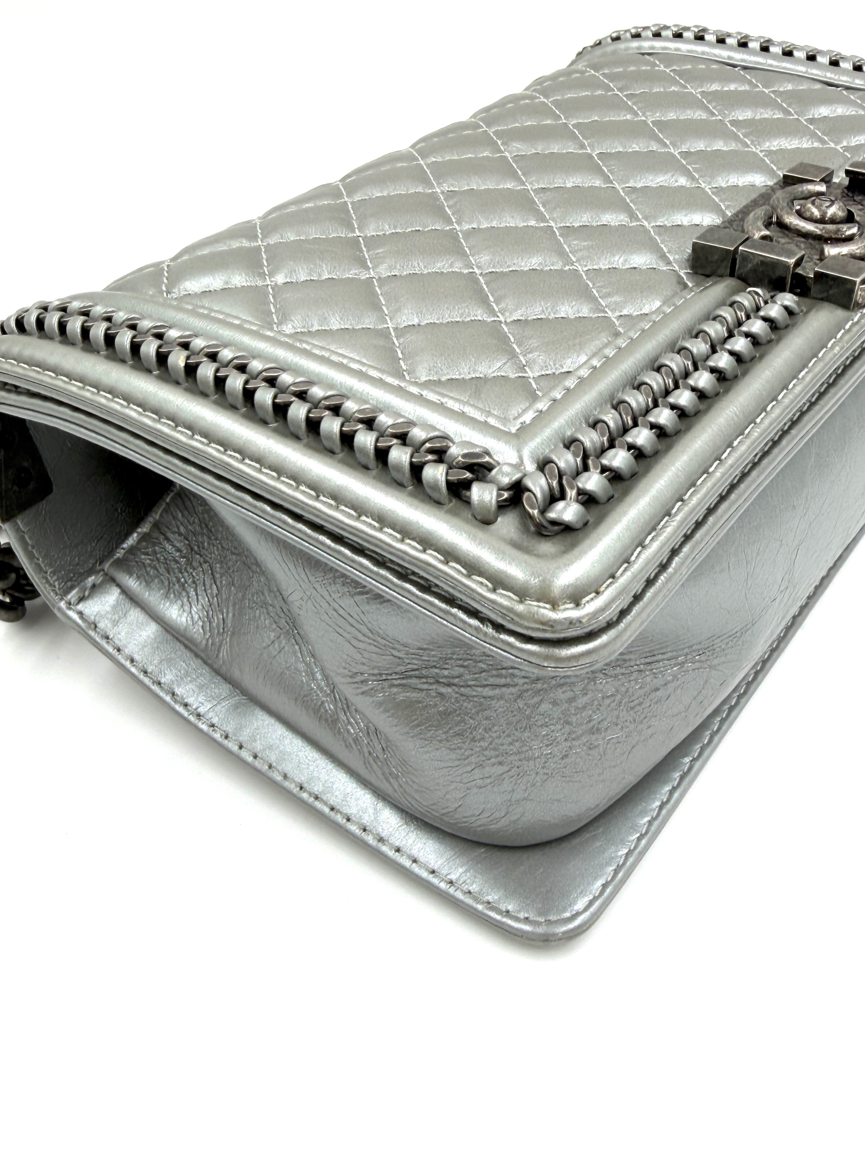 Pre-owned Chanel Calfskin Silver Medium Chain Around Top Handle Boy Bag - Authenticated
