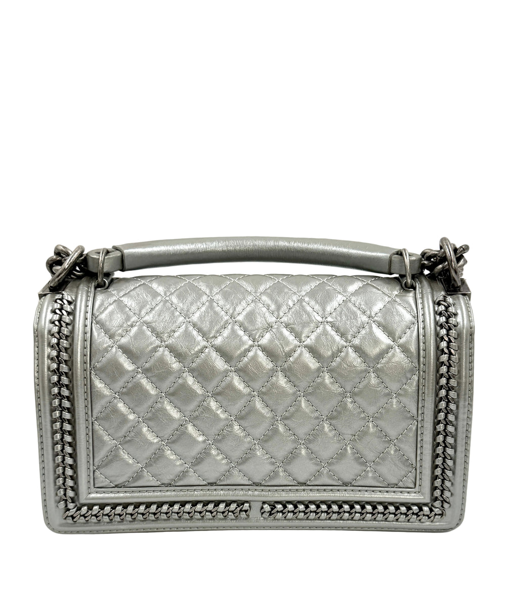 Pre-owned Chanel Calfskin Silver Medium Chain Around Top Handle Boy Bag - Authenticated