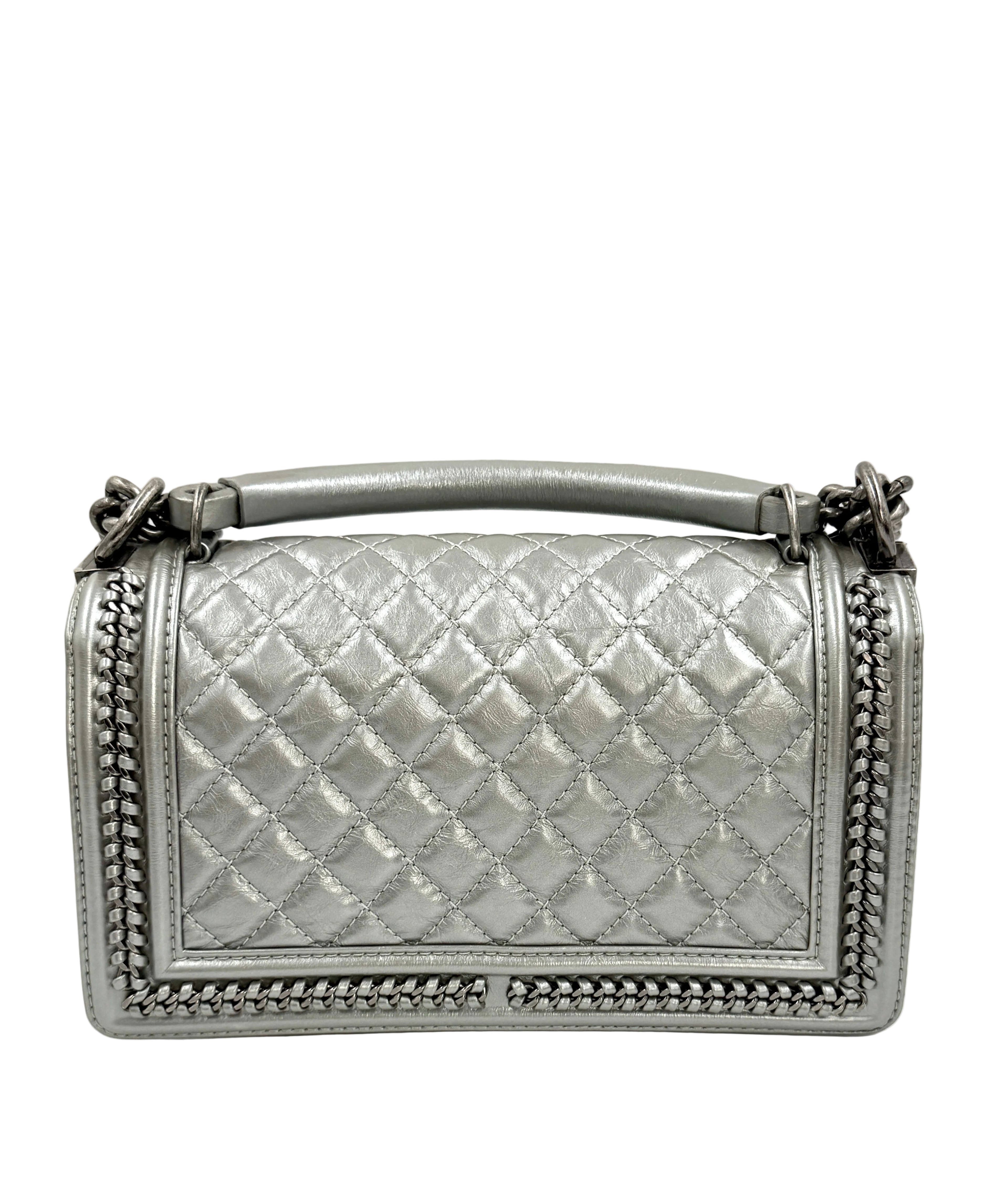 Pre-owned Chanel Calfskin Silver Medium Chain Around Top Handle Boy Bag - Authenticated