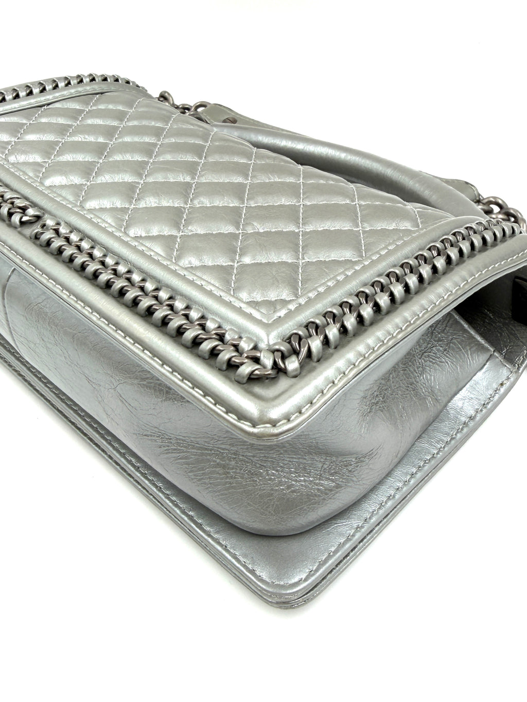 Pre-owned Chanel Calfskin Silver Medium Chain Around Top Handle Boy Bag - Authenticated