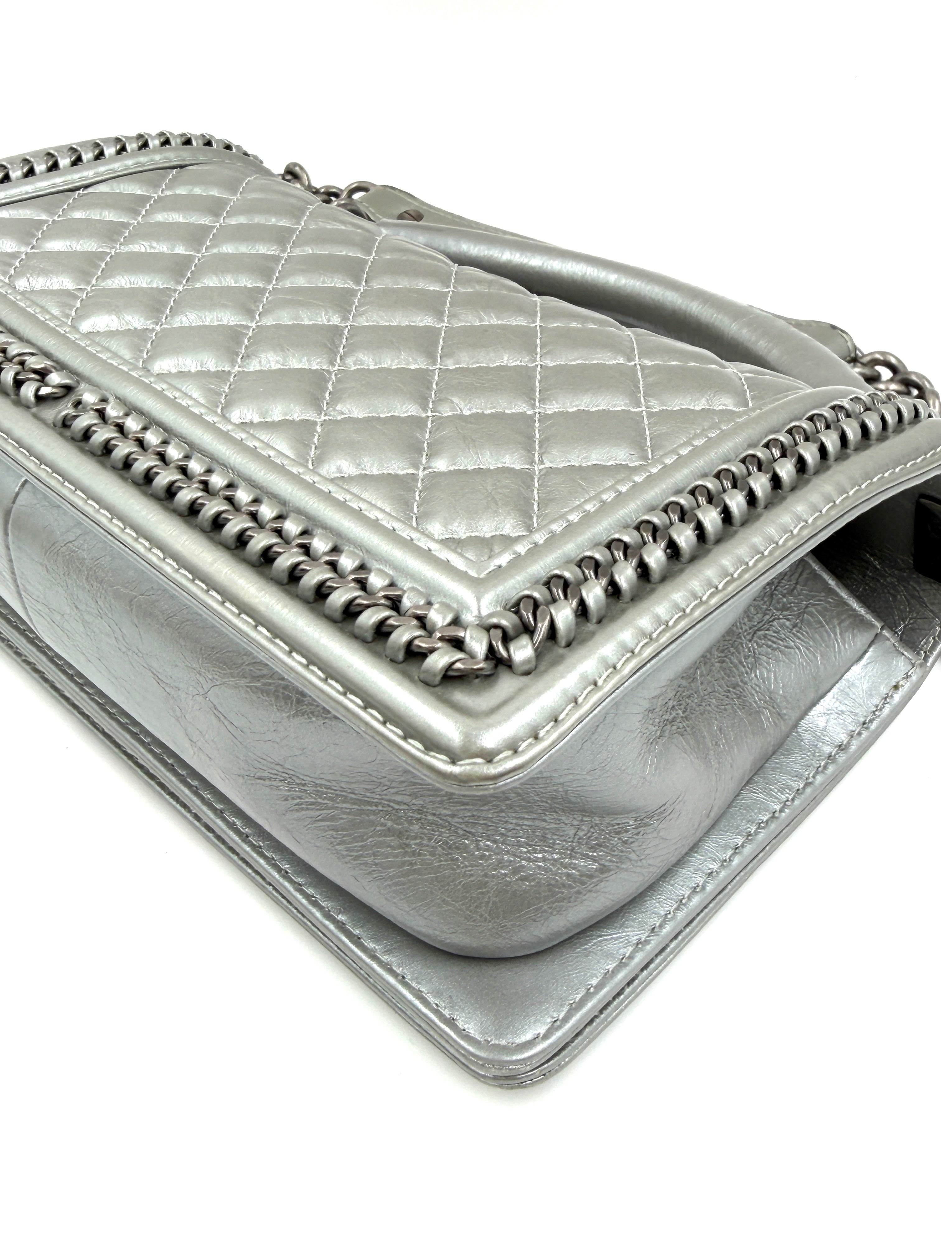 Pre-owned Chanel Calfskin Silver Medium Chain Around Top Handle Boy Bag - Authenticated
