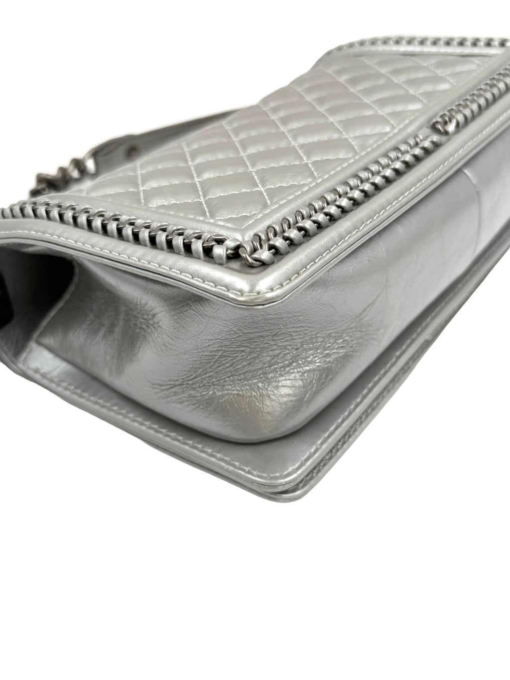 Pre-owned Chanel Calfskin Silver Medium Chain Around Top Handle Boy Bag - Authenticated