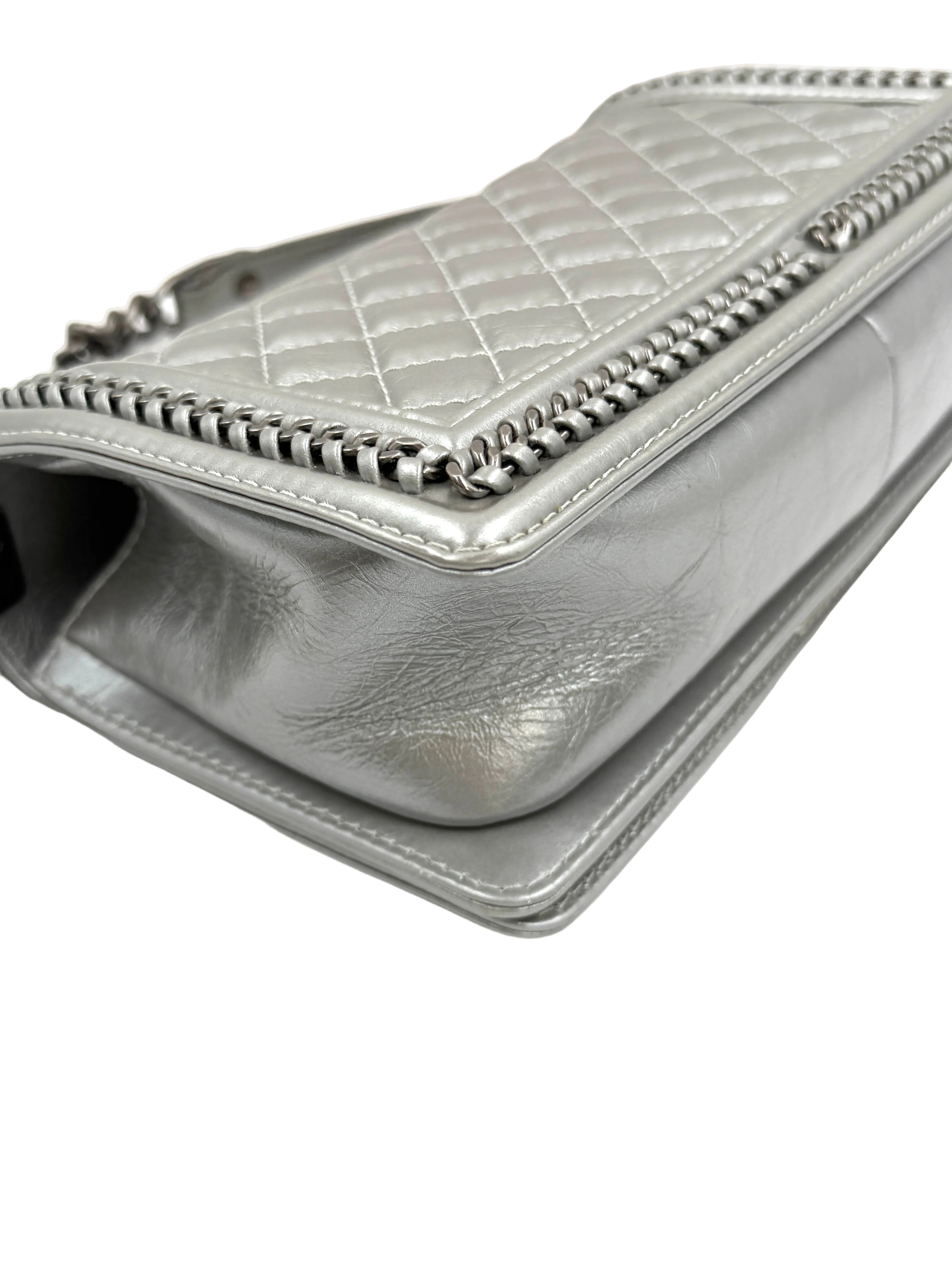 Pre-owned Chanel Calfskin Silver Medium Chain Around Top Handle Boy Bag - Authenticated