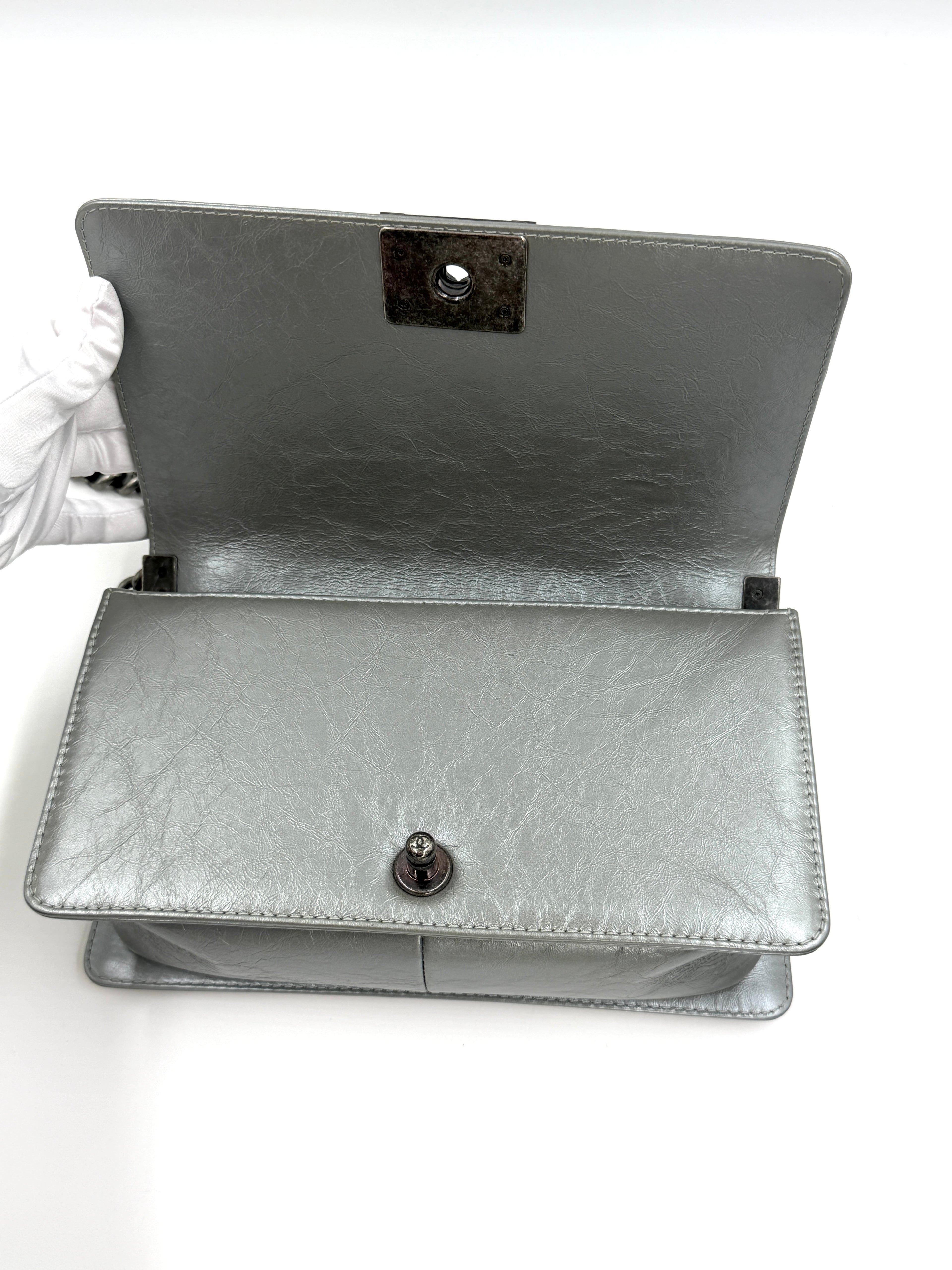 Pre-owned Chanel Calfskin Silver Medium Chain Around Top Handle Boy Bag - Authenticated