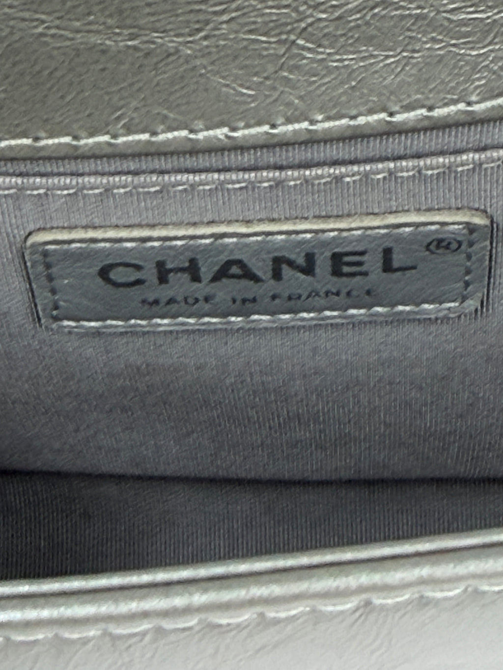 Pre-owned Chanel Calfskin Silver Medium Chain Around Top Handle Boy Bag - Authenticated