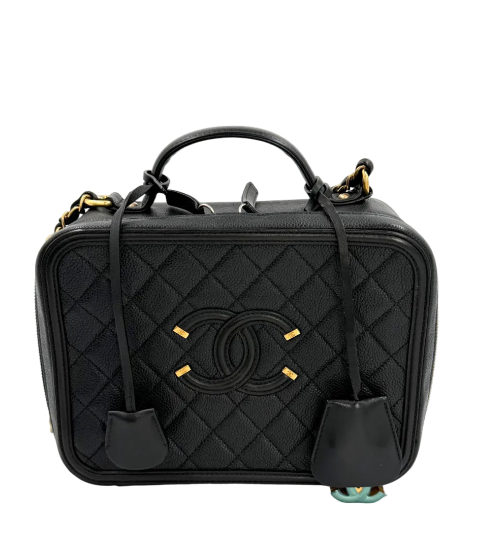 Pre-Owned Chanel Black Quilted Caviar CC Filigree Vanity Case - Authenticated