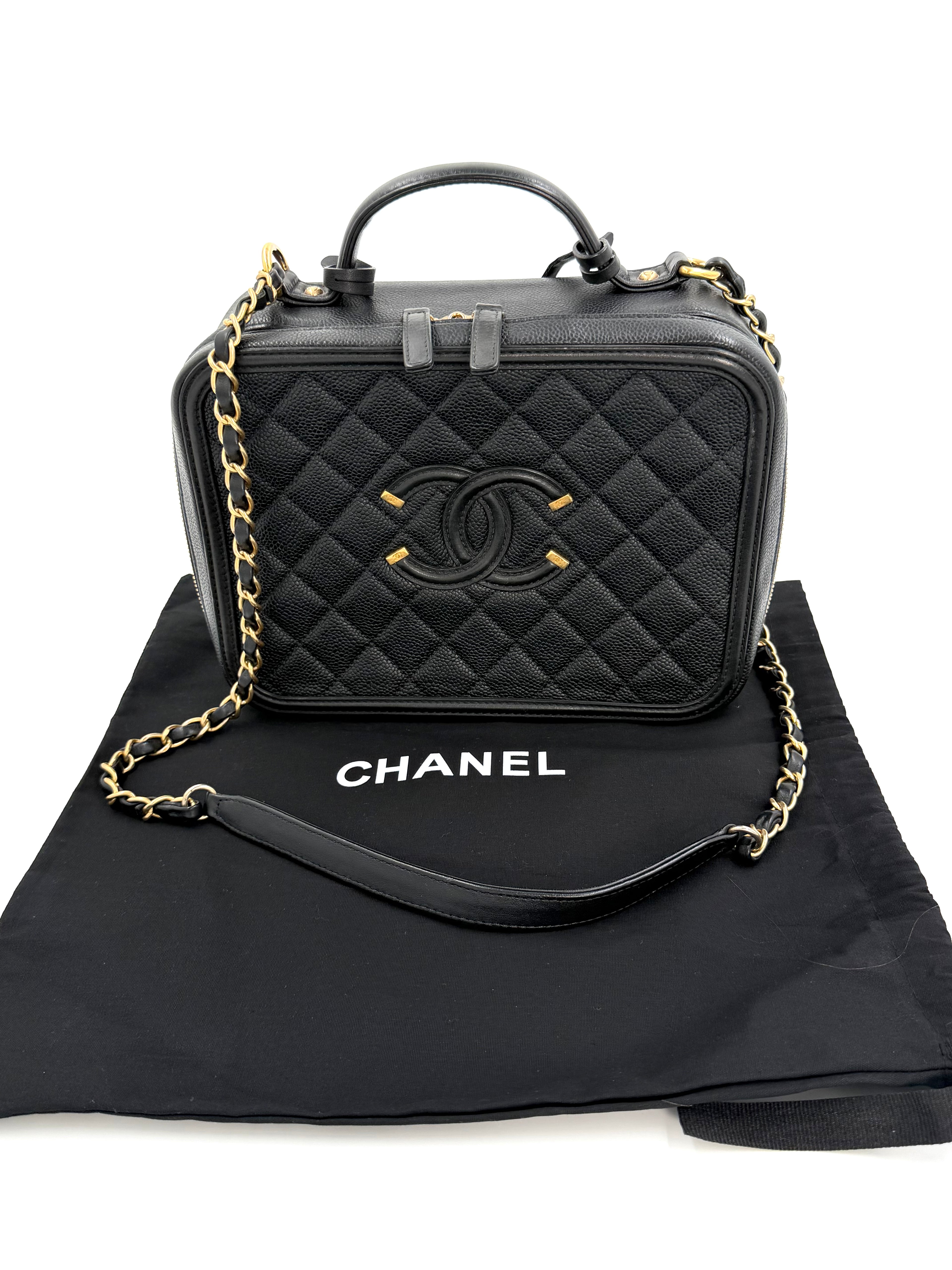 Pre-Owned Chanel Black Quilted Caviar CC Filigree Vanity Case - Authenticated