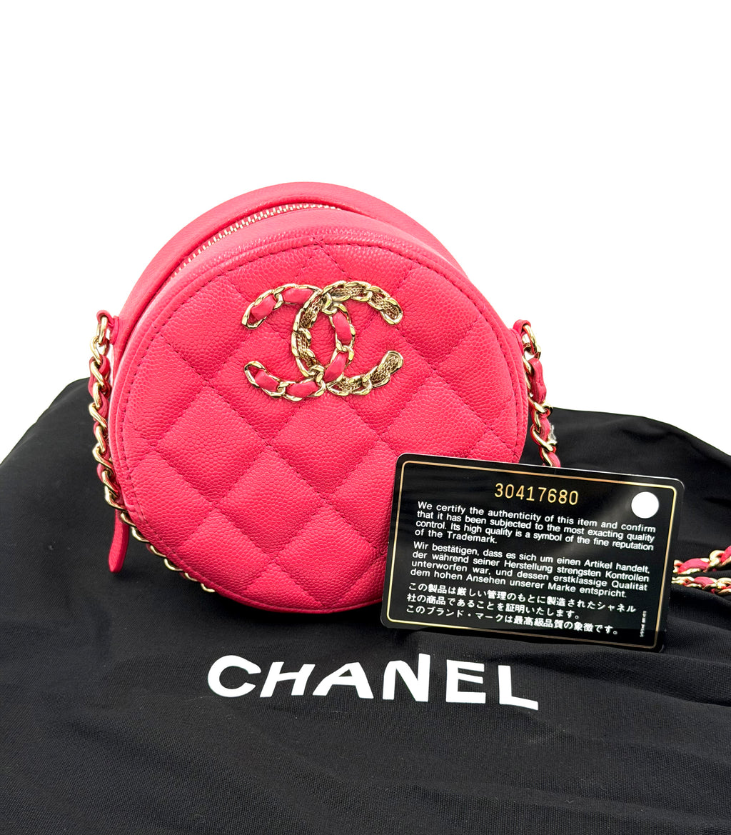 Pre-Owned Chanel Pink Caviar Round Clutch with Chain Gold-Tone Hardware - Authenticated