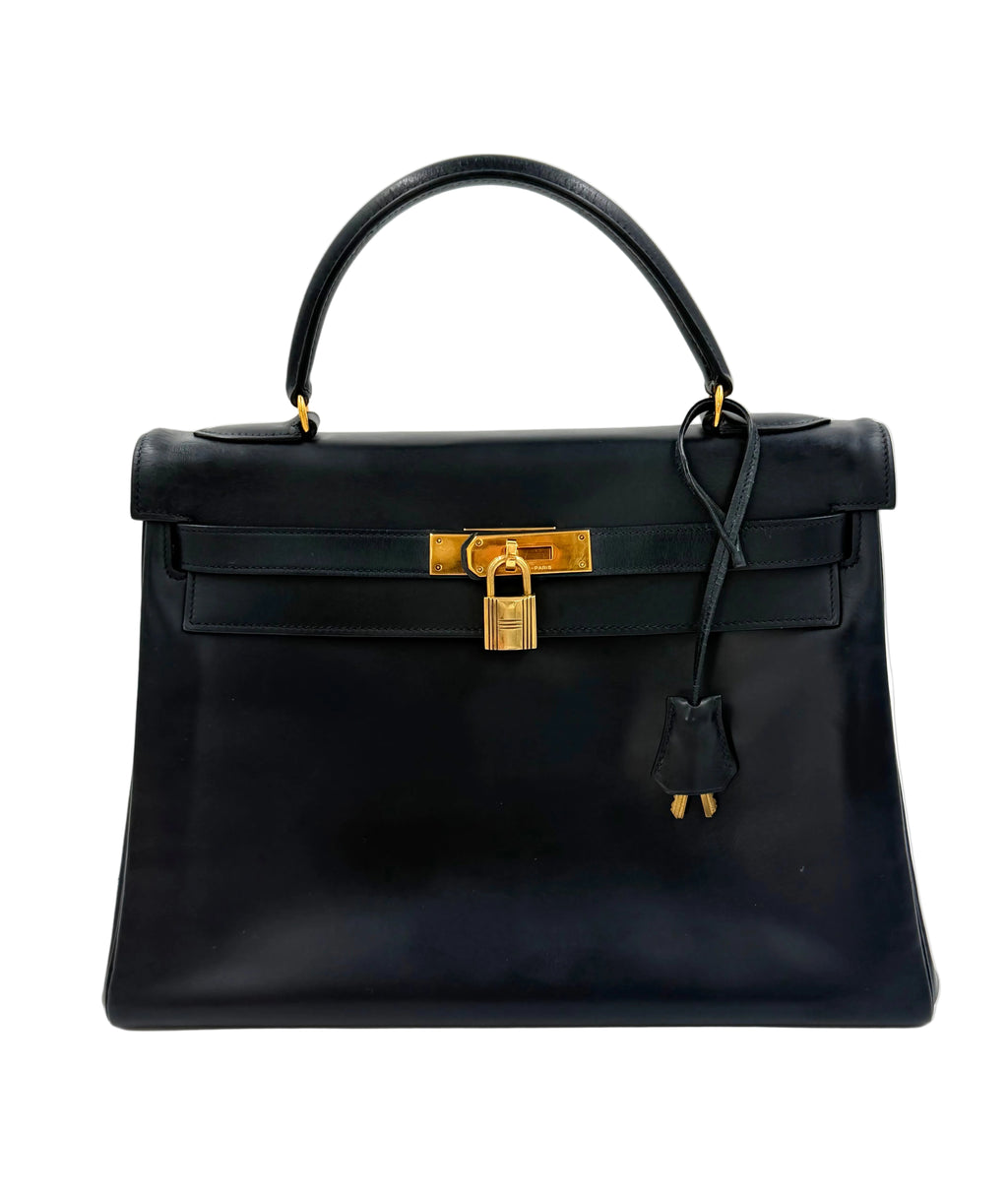 Pre-owned Hermès Kelly 32 Black Box Calf Leather Gold Hardware 1981 - Authenticated