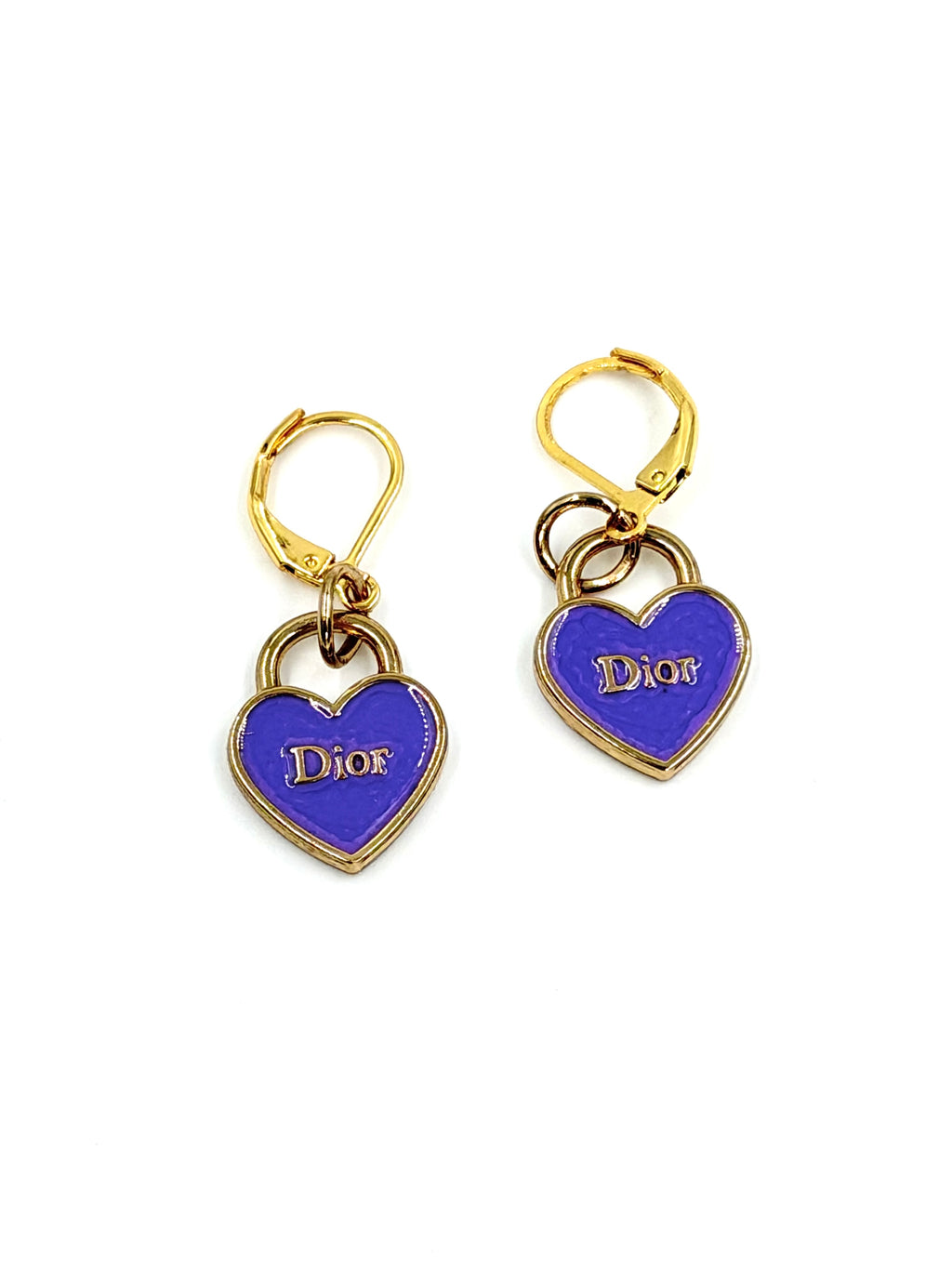 Hawley Studio Upcycled Dior Purple Heart Charm Earrings Gold Plated
