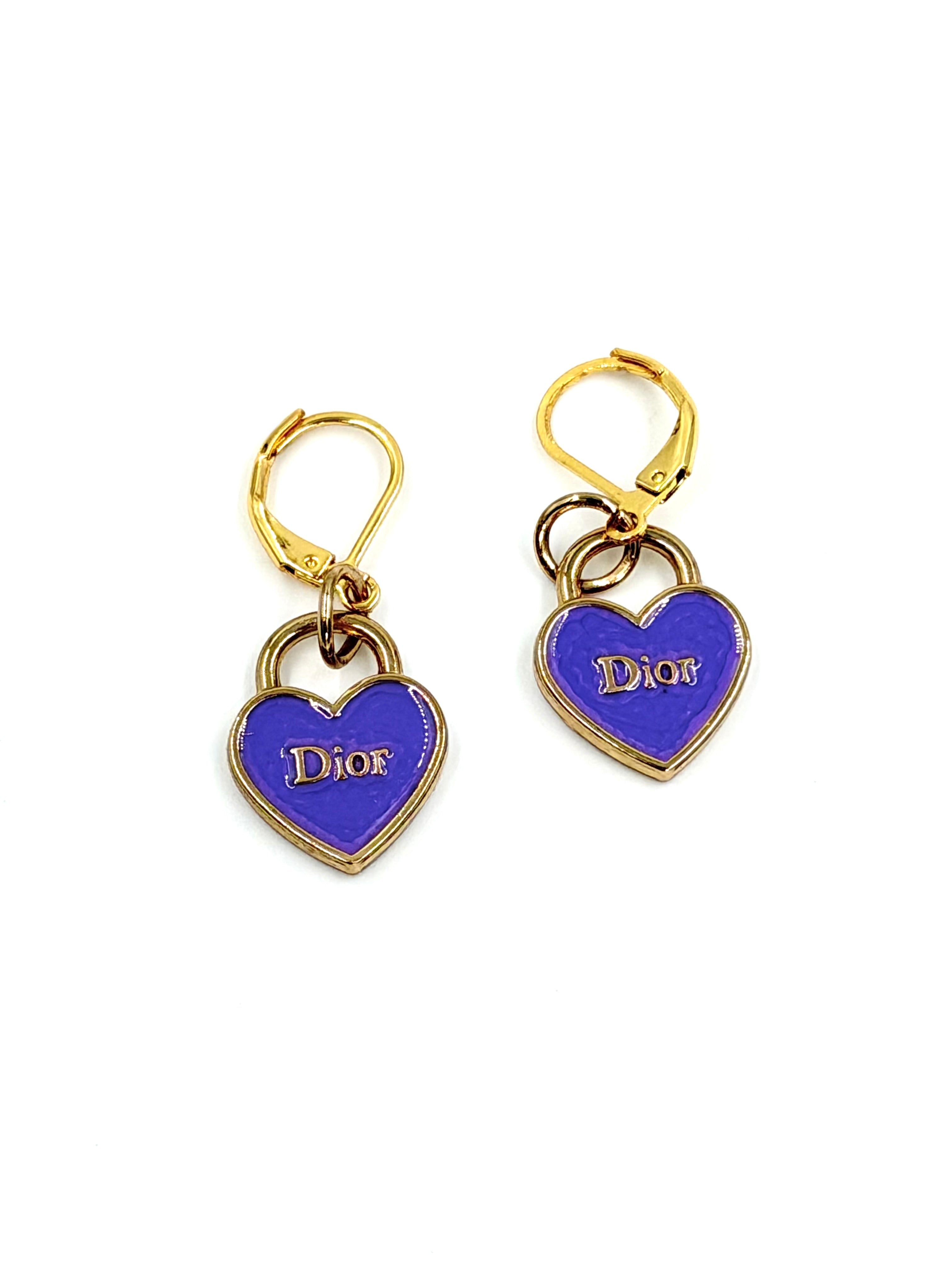 Hawley Studio Upcycled Dior Purple Heart Charm Earrings Gold Plated
