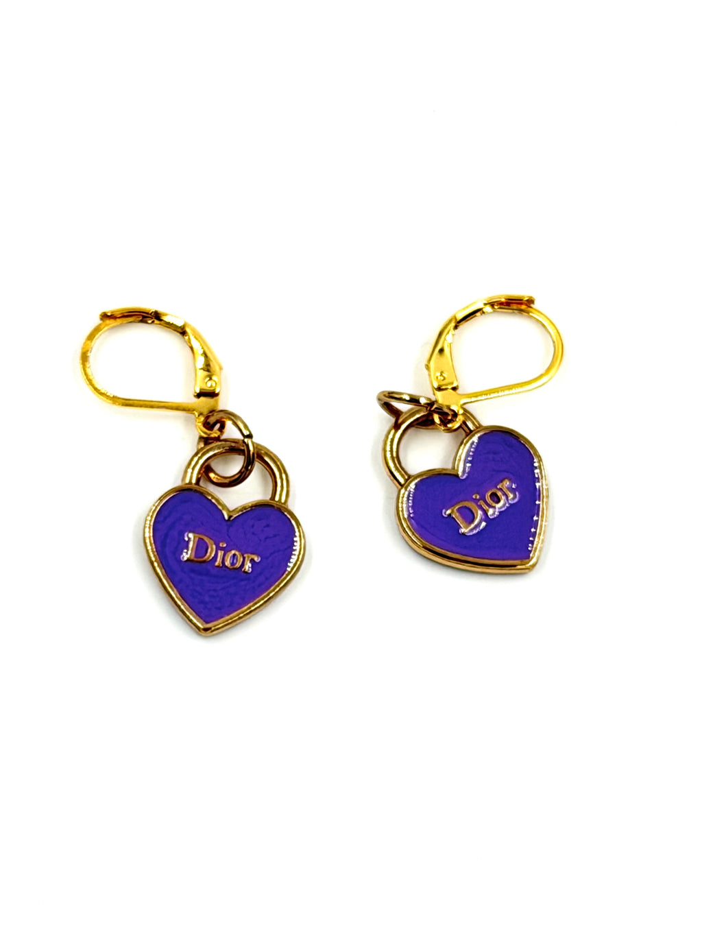 Hawley Studio Upcycled Dior Purple Heart Charm Earrings Gold Plated