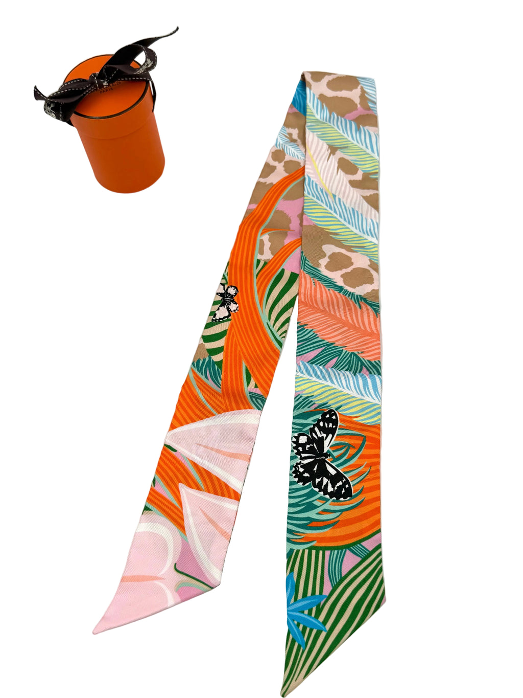 Pre-owned Hermès Jaguar Quetzal Silk Twilly Scarf Rose Beige Orange