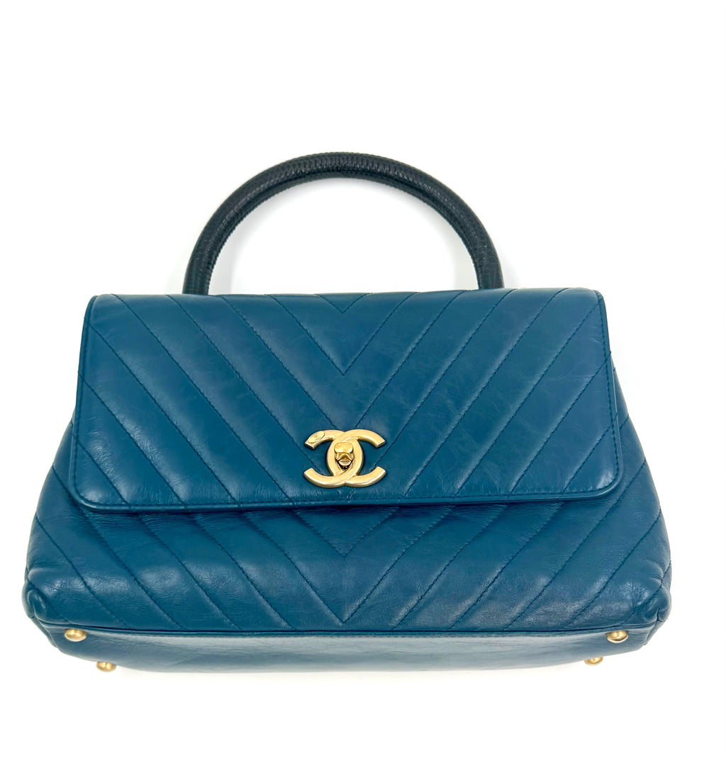 Pre-owned Chanel Blue Chevron  Calfskin and Lizard Coco Handle Medium - Authenticated