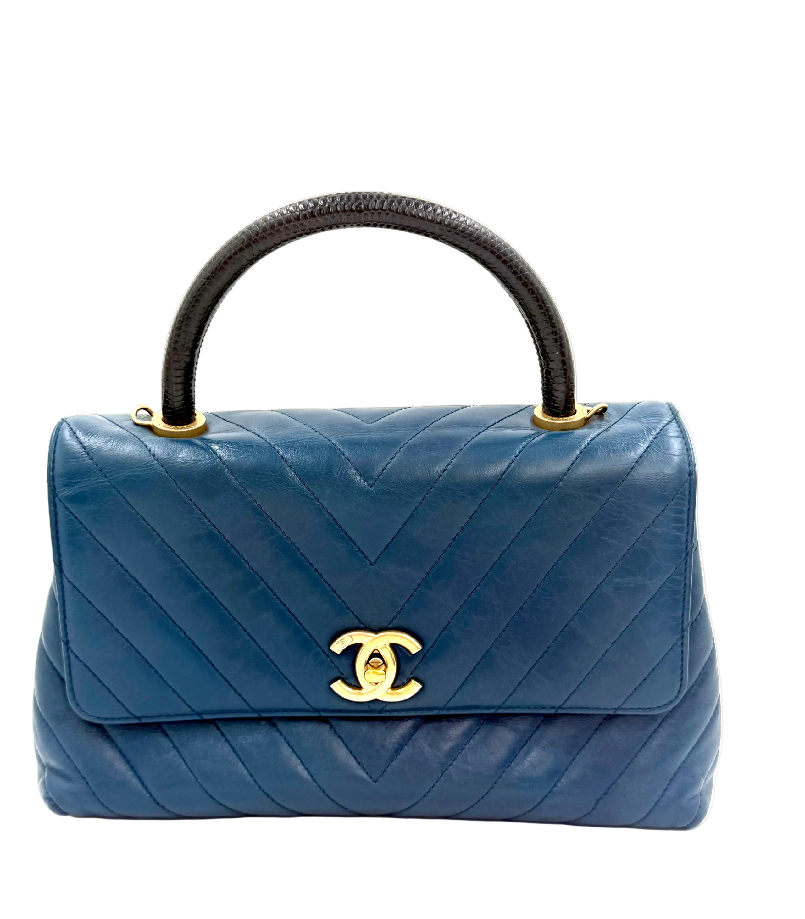 Pre-owned Chanel Blue Chevron  Calfskin and Lizard Coco Handle Medium - Authenticated