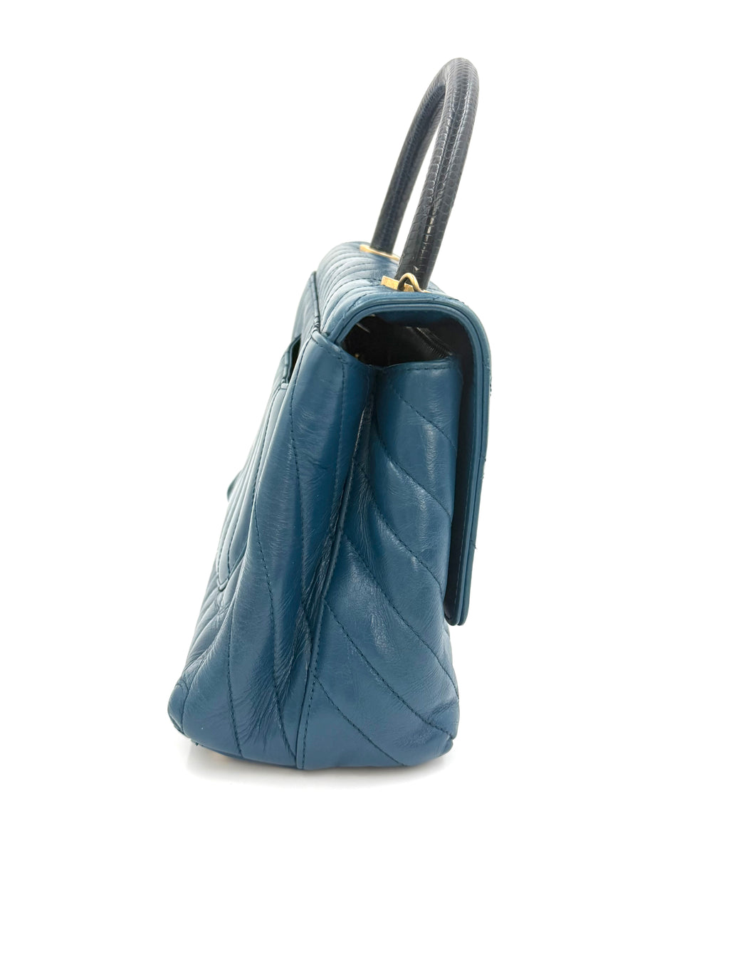 Pre-owned Chanel Blue Chevron  Calfskin and Lizard Coco Handle Medium - Authenticated
