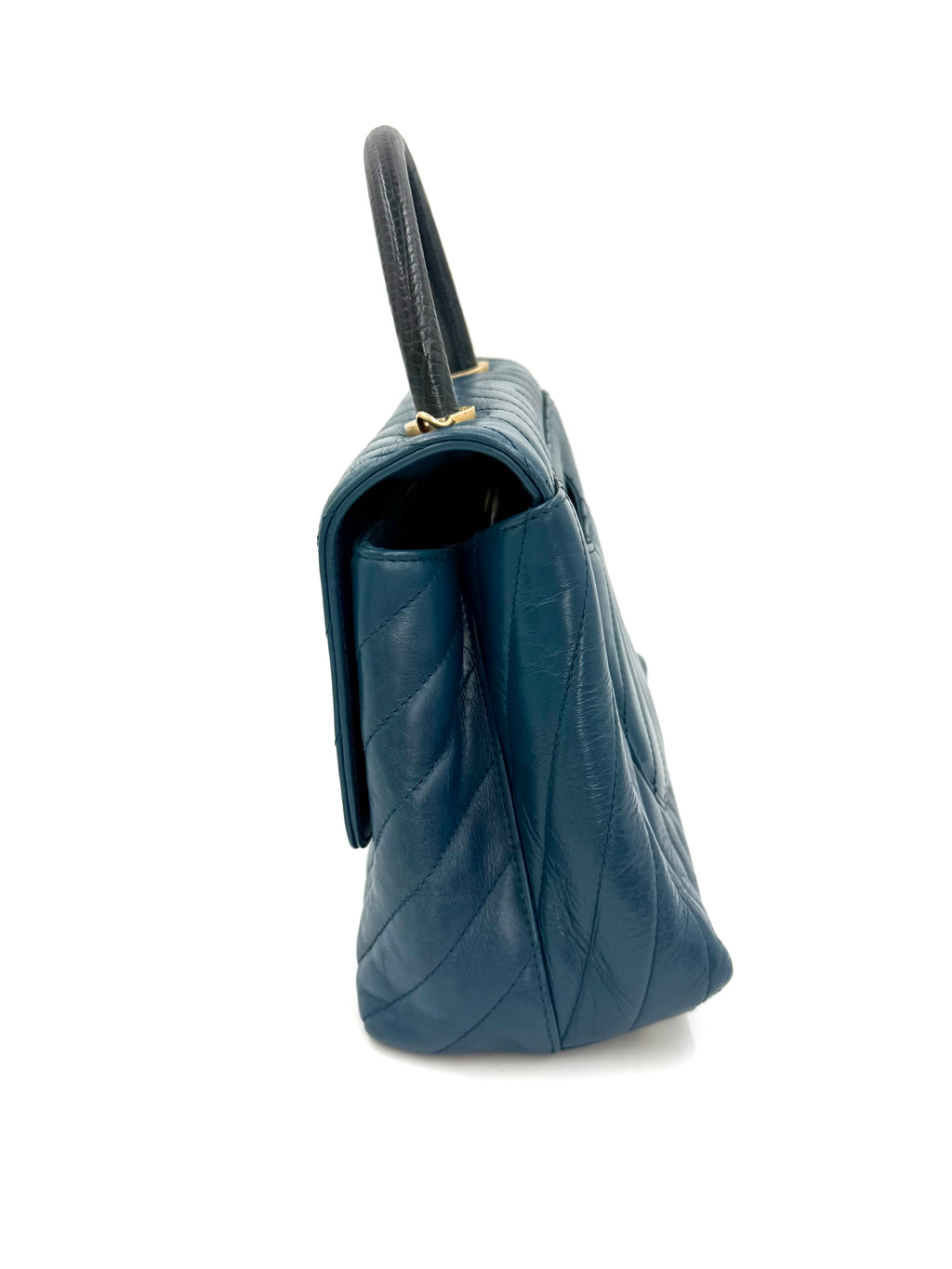 Pre-owned Chanel Blue Chevron  Calfskin and Lizard Coco Handle Medium - Authenticated