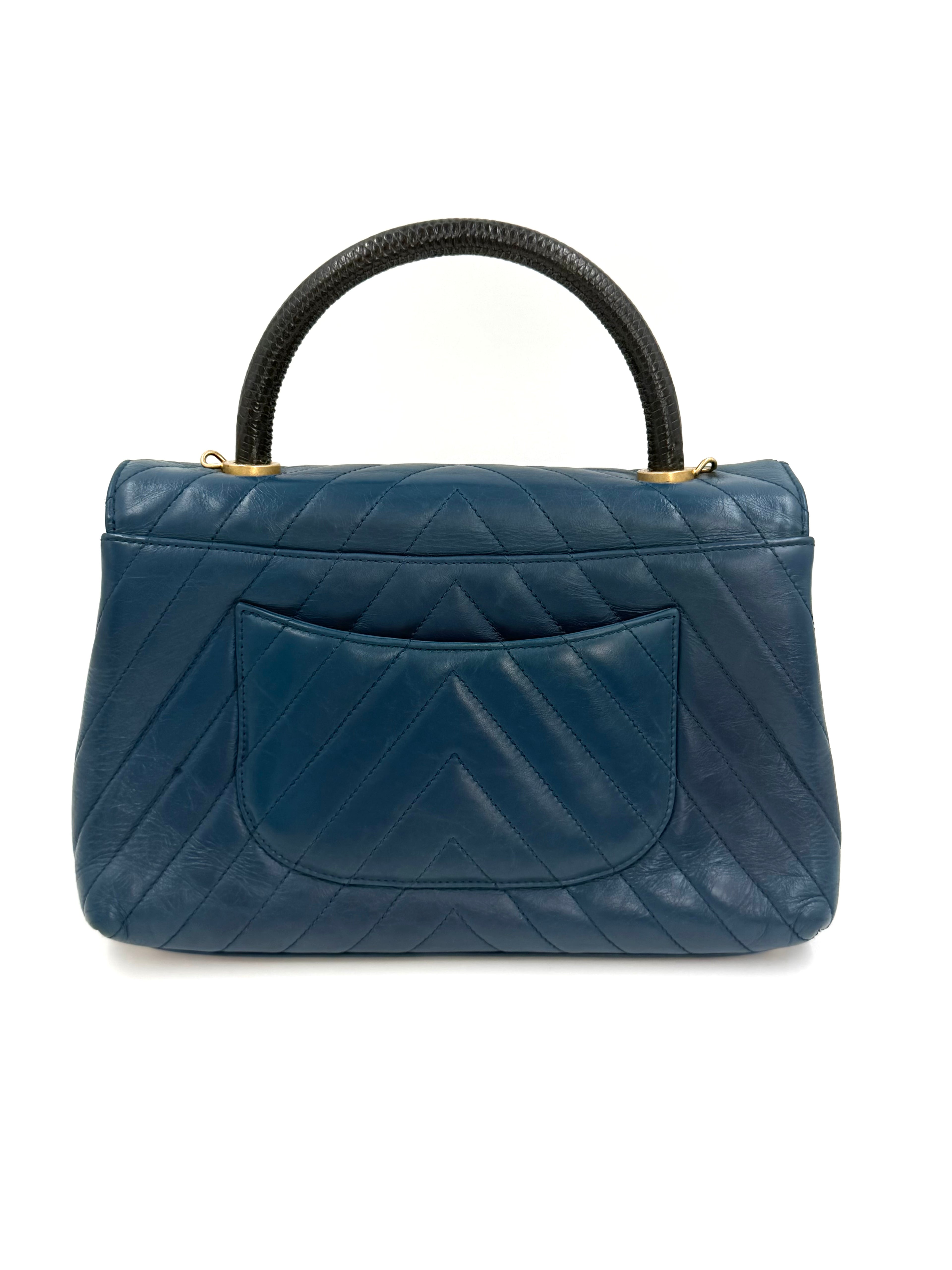 Pre-owned Chanel Blue Chevron  Calfskin and Lizard Coco Handle Medium - Authenticated