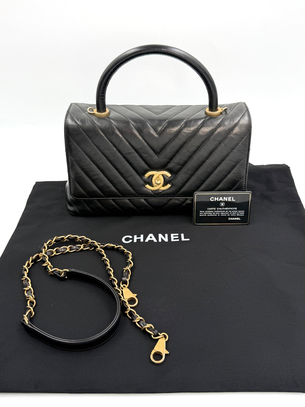 Pre-owned Chanel Black Chevron Coco Handle with Gold Hardware - Authenticated