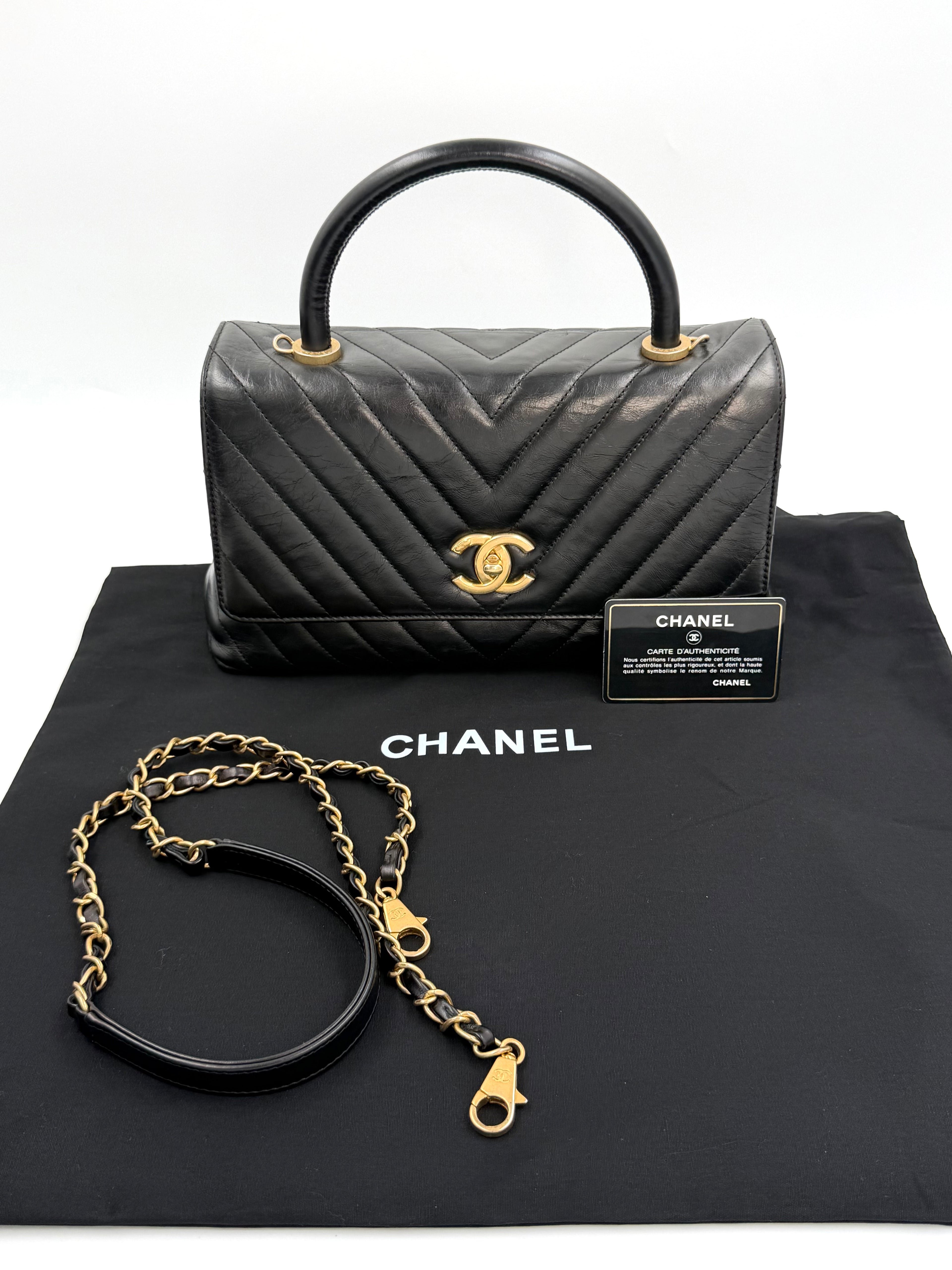 Pre-owned Chanel Black Chevron Coco Handle with Gold Hardware - Authenticated